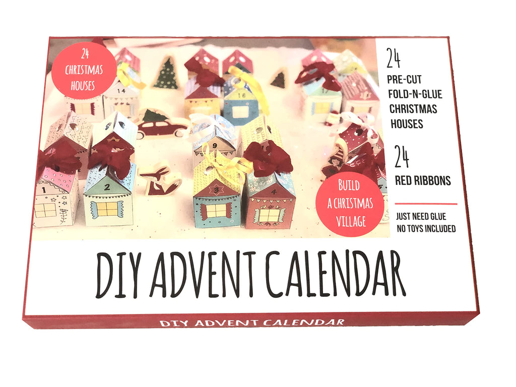 CreativeMango DIY Advent Calendar Kit. Christmas Village. 24 Christmas houses. Includes 24 fold-n-glue houses + ribbons.