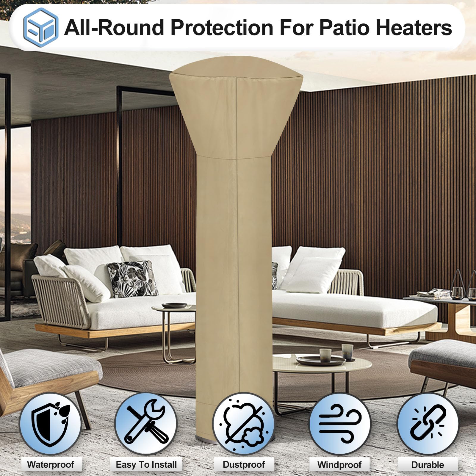 Outdoorlines Waterproof Outdoor Patio Heater Covers With Zipper And Storage Bag, Dust-Proof Uv-Resistant Windproof Propane Heavy Duty Heater Cover For Standing Heater, 2 Packs-89Hx33Dx19B Inch Camel