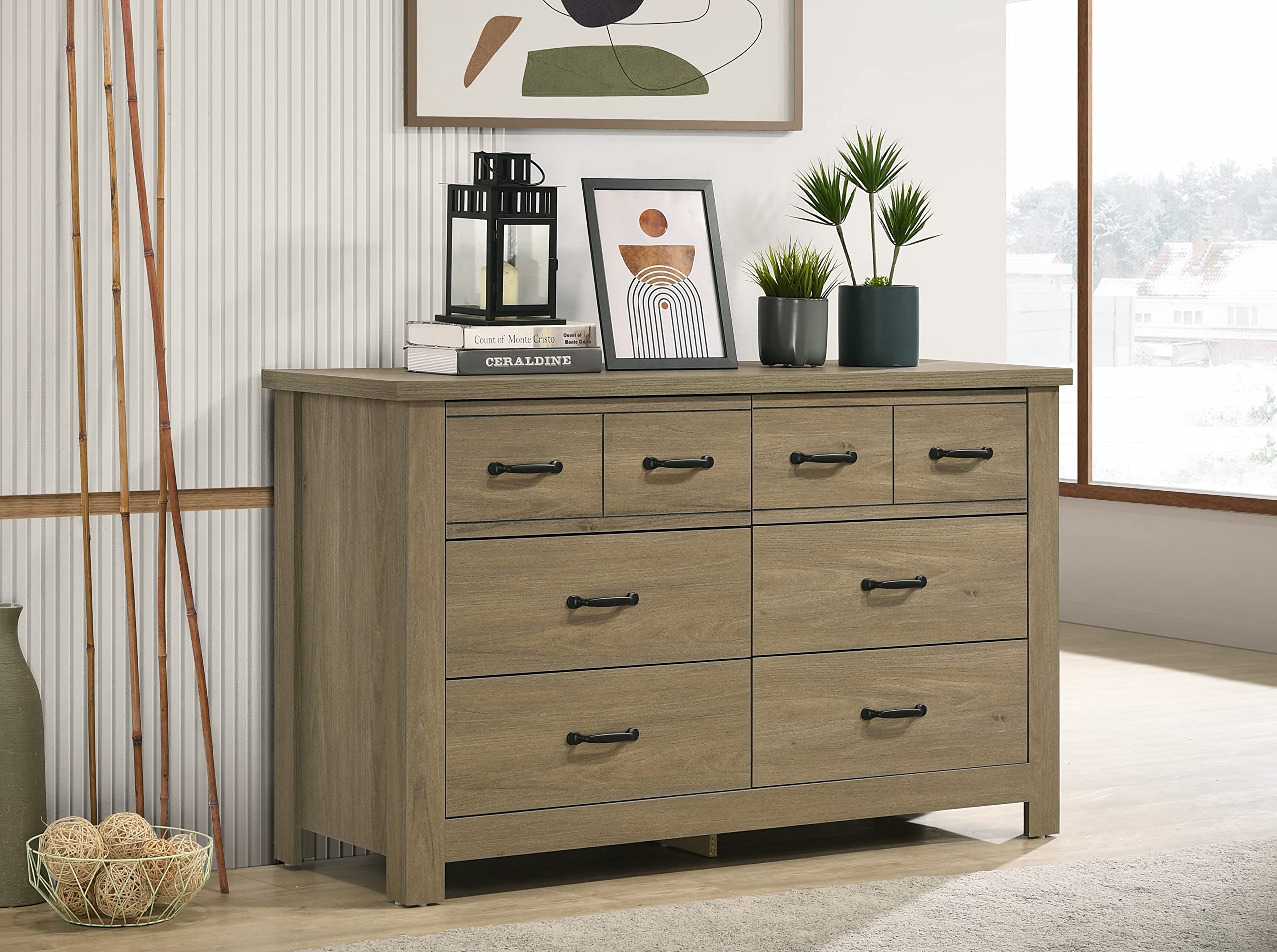 Lilola Home Finn Coffee Gray Oak Finish Dresser with 6 Drawers and Black Handles