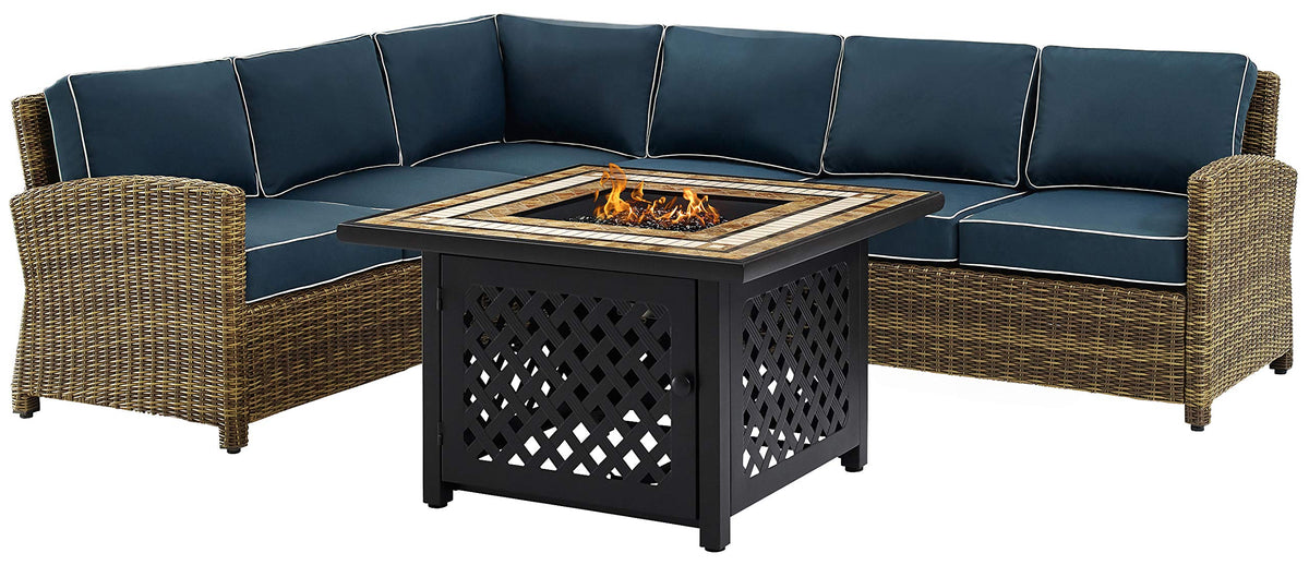 Crosley Furniture Bradenton 5-Piece Wicker Outdoor Sectional Sofa Patio Furniture Set with Fire Pit Table, Brown with Navy Cushions