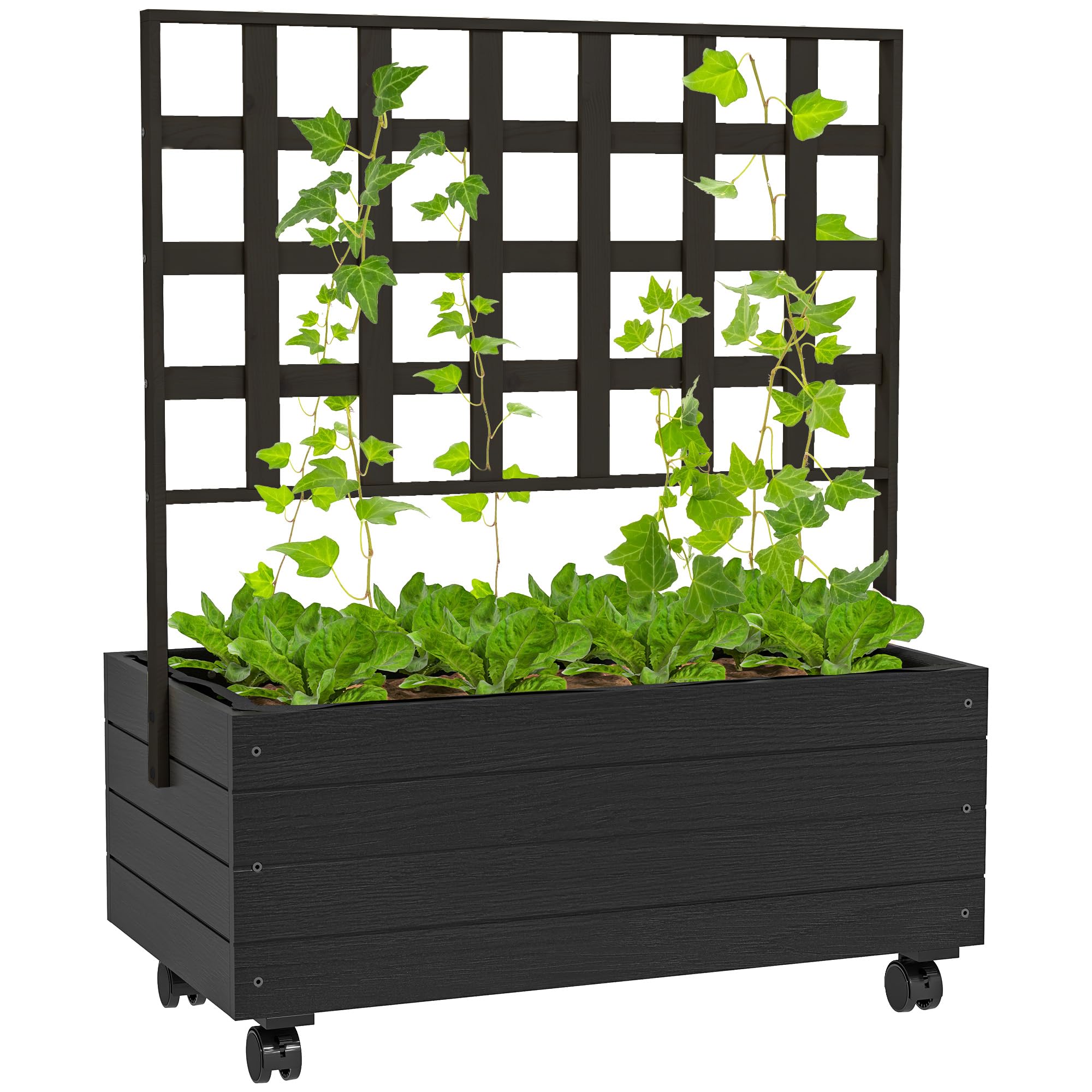 Outsunny Raised Garden Bed With Trellis And Wheels, Outdoor Wooden Elevated Planter Box, Freestanding Raised Flower Bed For Clim