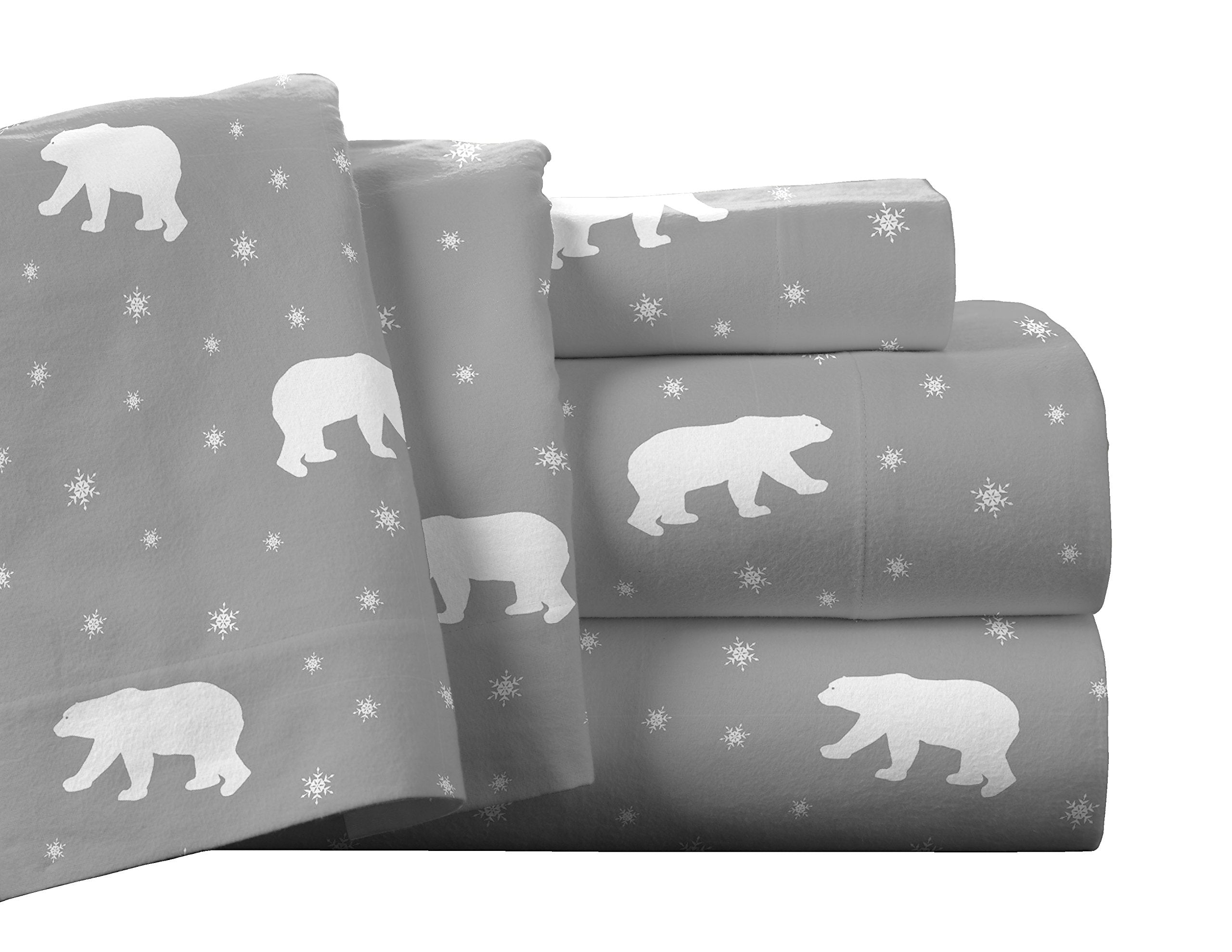 Pointehaven Flannel Deep Pocket Set With Oversized Flat Sheet, Full, Polar Bear