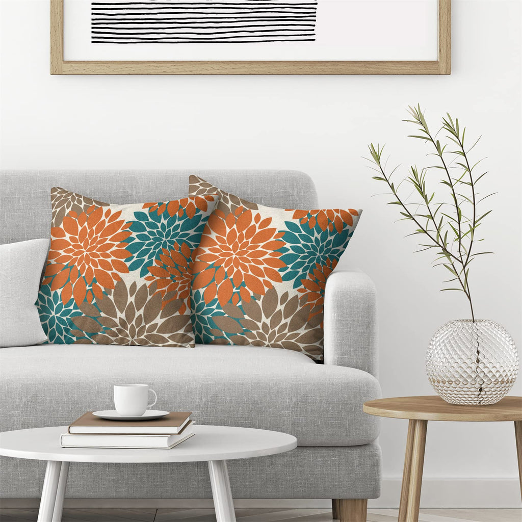 Cxmeifly Burnt Orange Brown Teal Pillow Covers 20X20 Inch Set Of 2 Dahlia Floral Decor Throw Pillows Summer Modern Geometry Flow