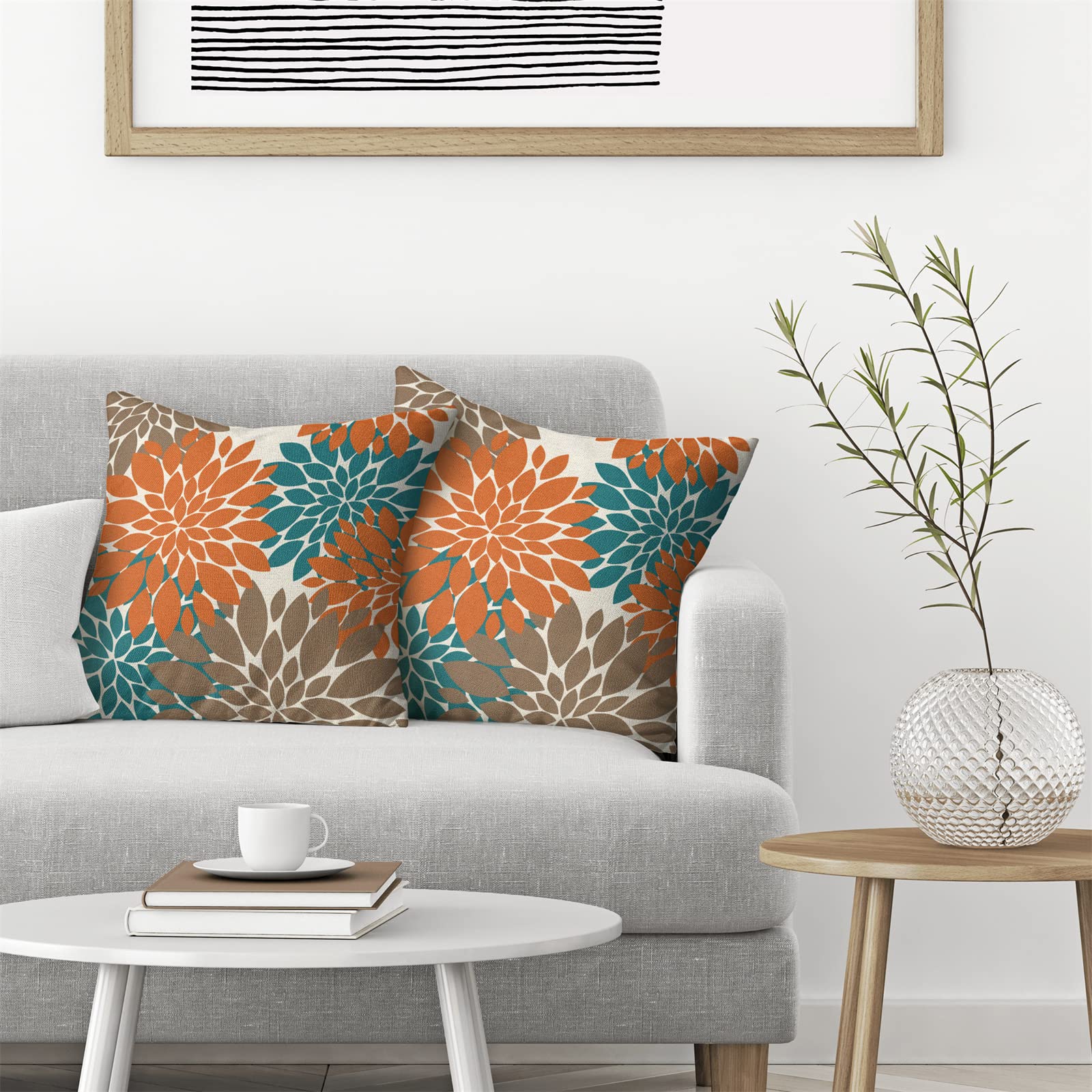 Cxmeifly Burnt Orange Brown Teal Pillow Covers 20X20 Inch Set Of 2 Dahlia Floral Decor Throw Pillows Summer Modern Geometry Flow