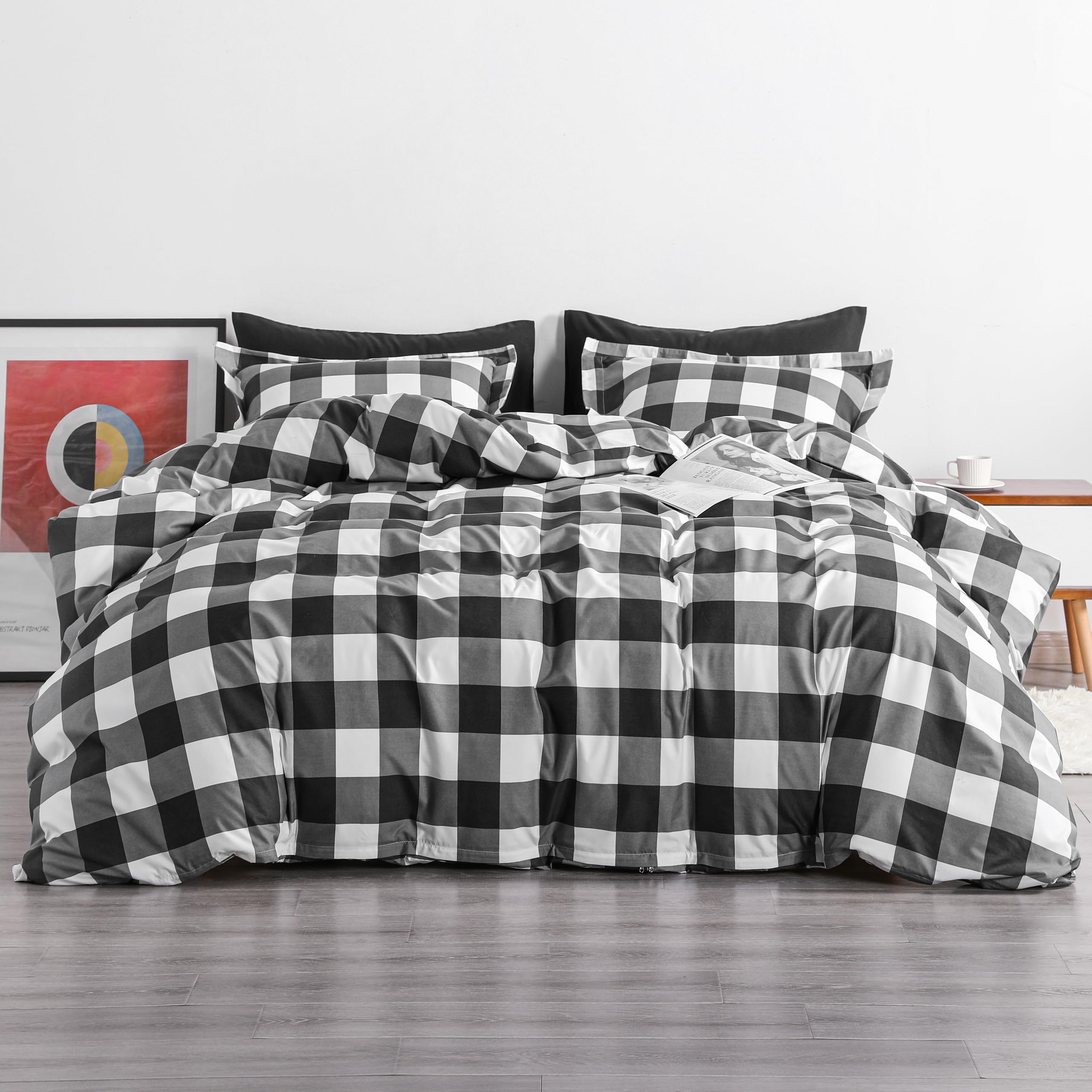 Ntbay Microfiber Queen Duvet Cover Set, 3 Pieces Ultra Soft Buffalo Check Printed Comforter Cover Set With Zipper Closure And Co