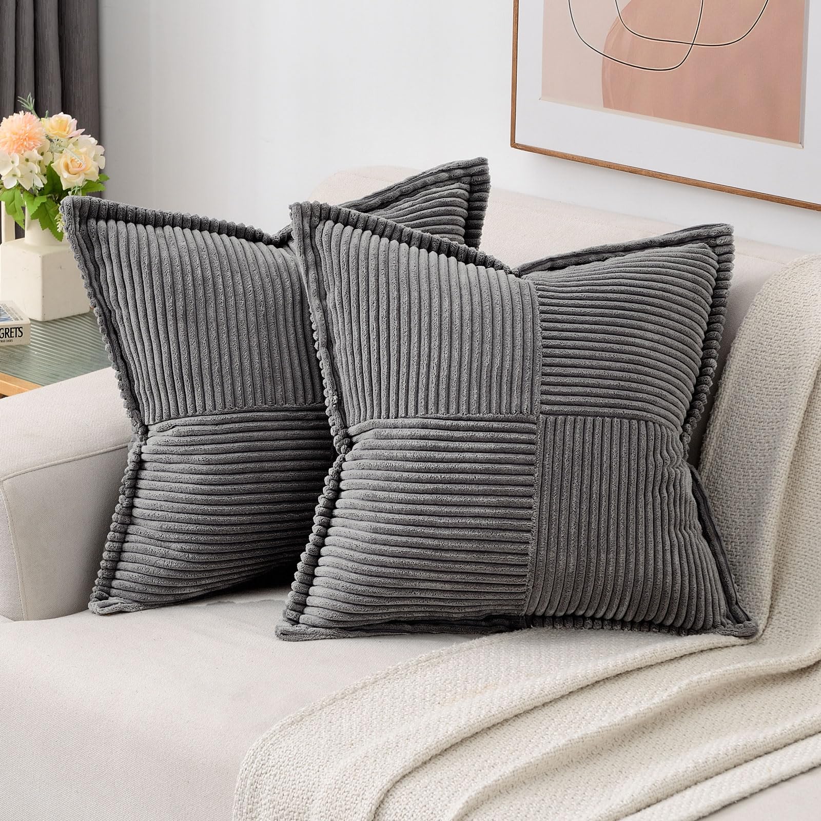 Haussy Dark Grey Throw Pillow Covers 16X16 Inch Set Of 2,Soft Solid Corduroy Striped/Wide Bordered,Square Decorative Cushion Cas