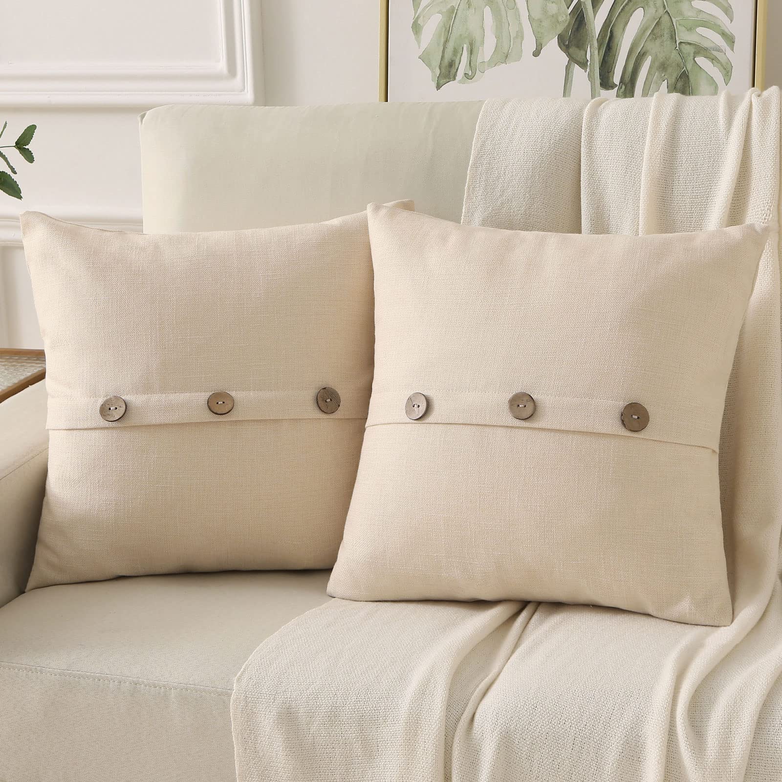 Haussy Beige Linen Decorative Throw Pillow Covers 20X20 Inch Set Of 2,Square Cushion Case With 3 Vintage Buttons,Modern Farmhous