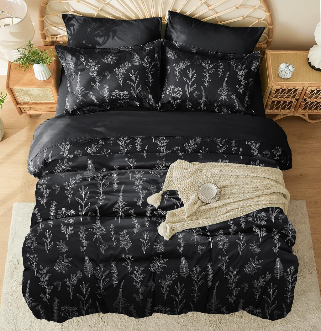 Muxhomo Black Bed In A Bag Queen 7 Pieces, Queen Comforter Set Reversible Botanical Flowers Design, Ultra Soft & Breathable Bedd