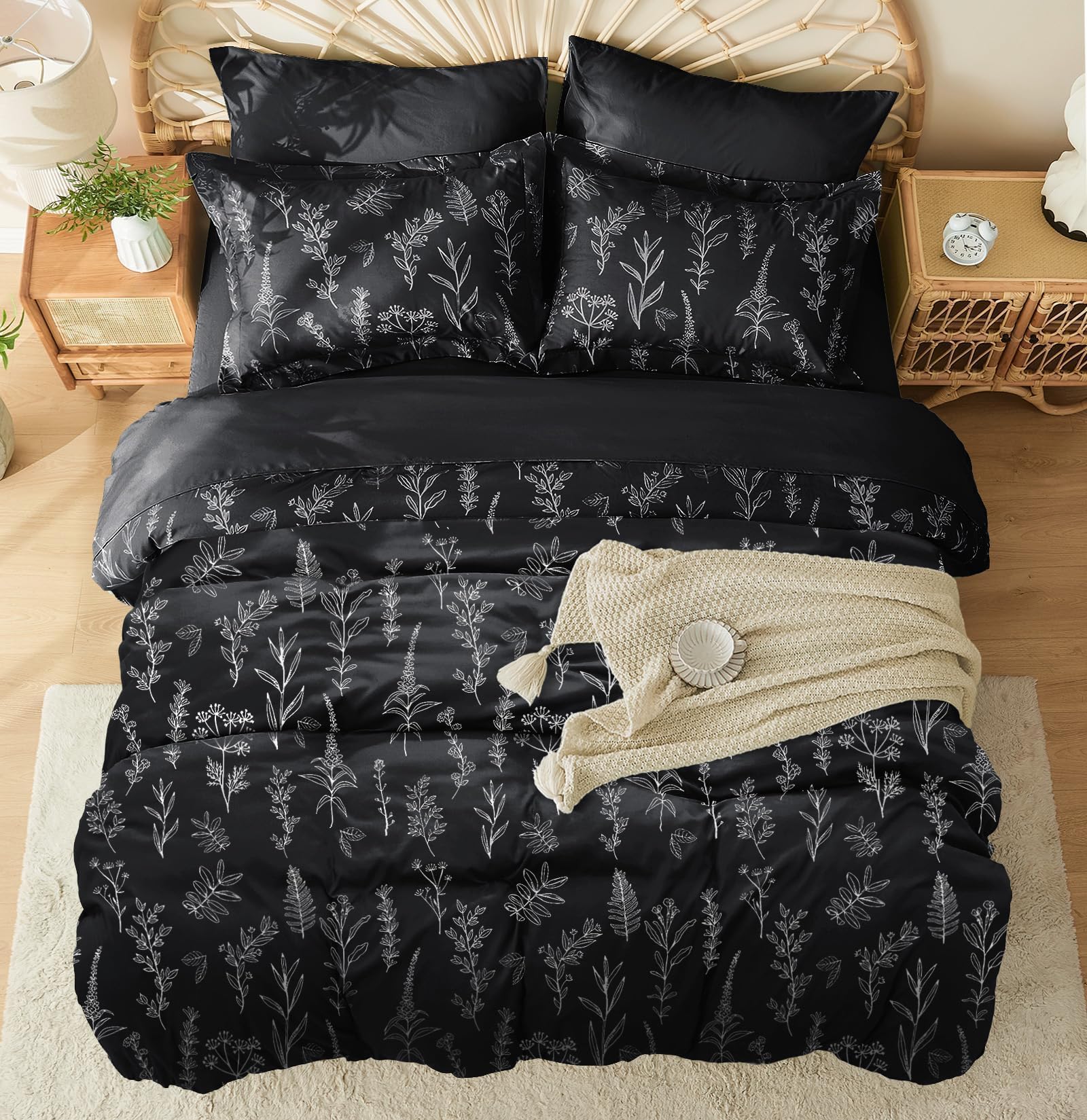 Muxhomo Black Bed In A Bag Queen 7 Pieces, Queen Comforter Set Reversible Botanical Flowers Design, Ultra Soft & Breathable Bedd