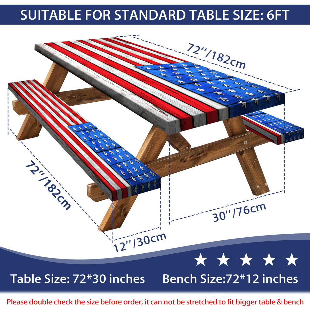 American Flag Picnic Table Cover With Bench Covers Set Wood Texture Waterproof Windproof Camping Rectangle Tablecloths Fitted Pi