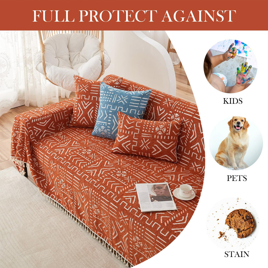 Handontime Boho Aztec Sofa Slipcover For Sofa/Couch Farmhouse Geometric Couch Protector For Dogs With Tassel Brick Orange Couch Covers Sofa Cover For Dogs Cats Kids Bohemian Sofa Décor, 71' X134'