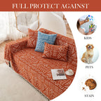 Handontime Boho Aztec Sofa Slipcover For Sofa/Couch Farmhouse Geometric Couch Protector For Dogs With Tassel Brick Orange Couch Covers Sofa Cover For Dogs Cats Kids Bohemian Sofa Décor, 71' X134'