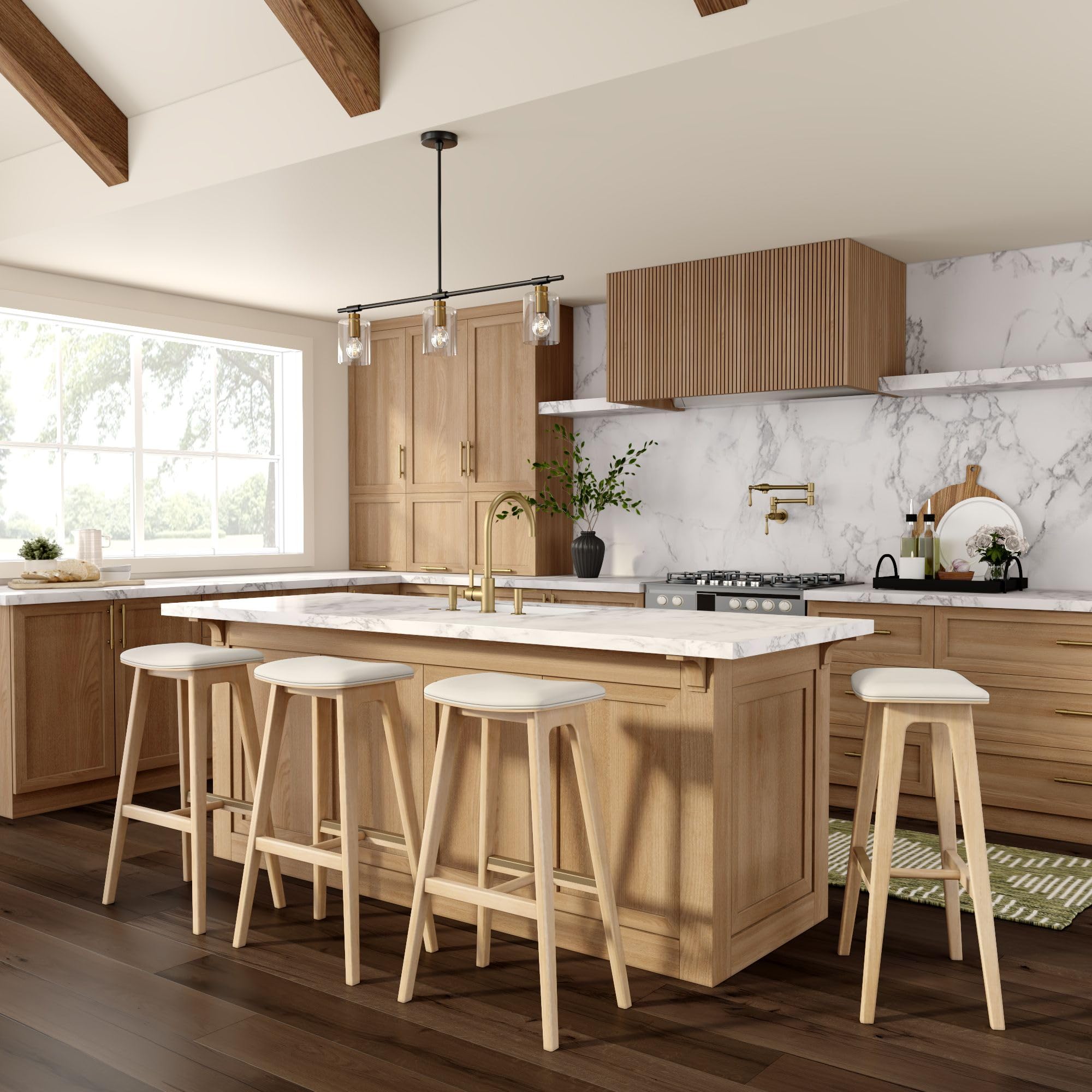 Plank+Beam Beryl Bar Height Stool - Mid-Century Modern Rubberwood Bar Stool with Faux Leather Seat, Metal Footrest, Easy Assembl