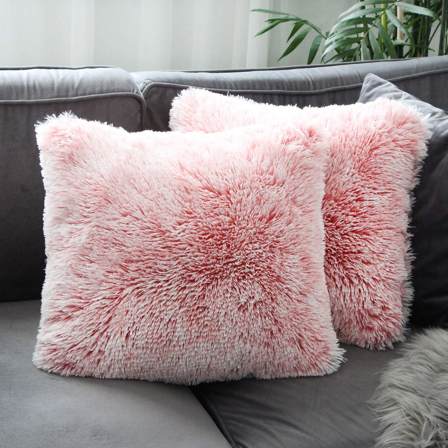 Uhomy 2 Packs Fall Winter Home Decorative Fluffy Plush Pillow Cover 22''X22'', Luxury Pink Ombre Super Soft Plush Faux Fur Throw