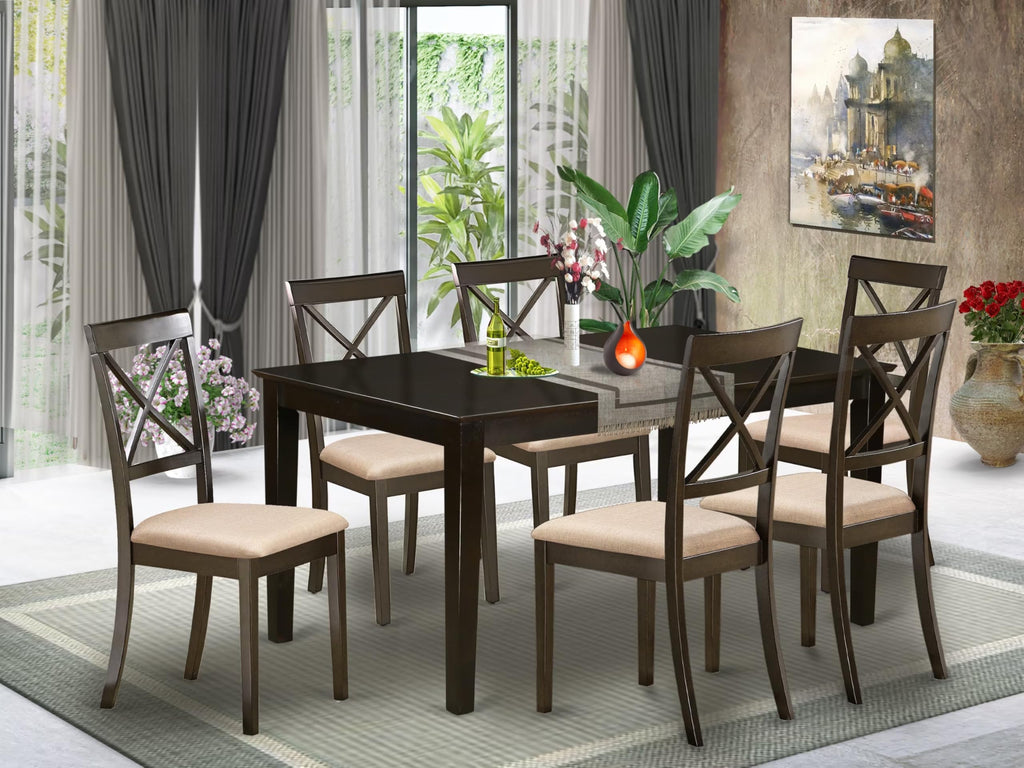 East West Furniture CABO7S-CAP-C 7 Piece Modern Dining Table Set Consist of a Rectangle Wooden Table and 6 Linen Fabric Dining Room Chairs, 36x60 Inch, Cappuccino