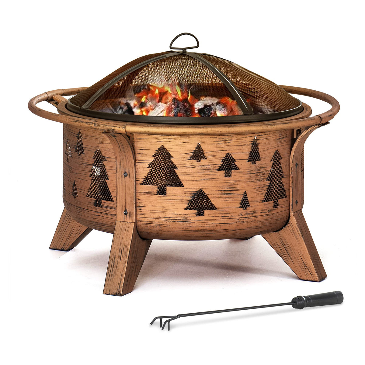 Sunjoy 30 In. Outdoor Wood-Burning Fire Pit, Patio Tree Motif Round Steel Firepit Large Fire Pits For Outside With Spark Screen