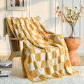 Checkered Throw Blanket, Yellow Knit Blankets With Soft Fluffy Microfiber, Cozy Fluffy Lightweight Decorative Reversible Travel