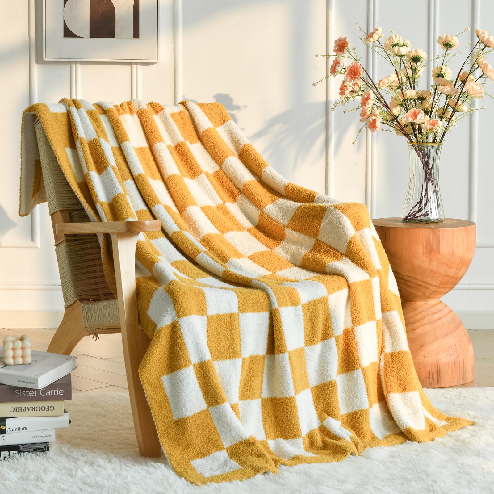 Checkered Throw Blanket, Yellow Knit Blankets With Soft Fluffy Microfiber, Cozy Fluffy Lightweight Decorative Reversible Travel