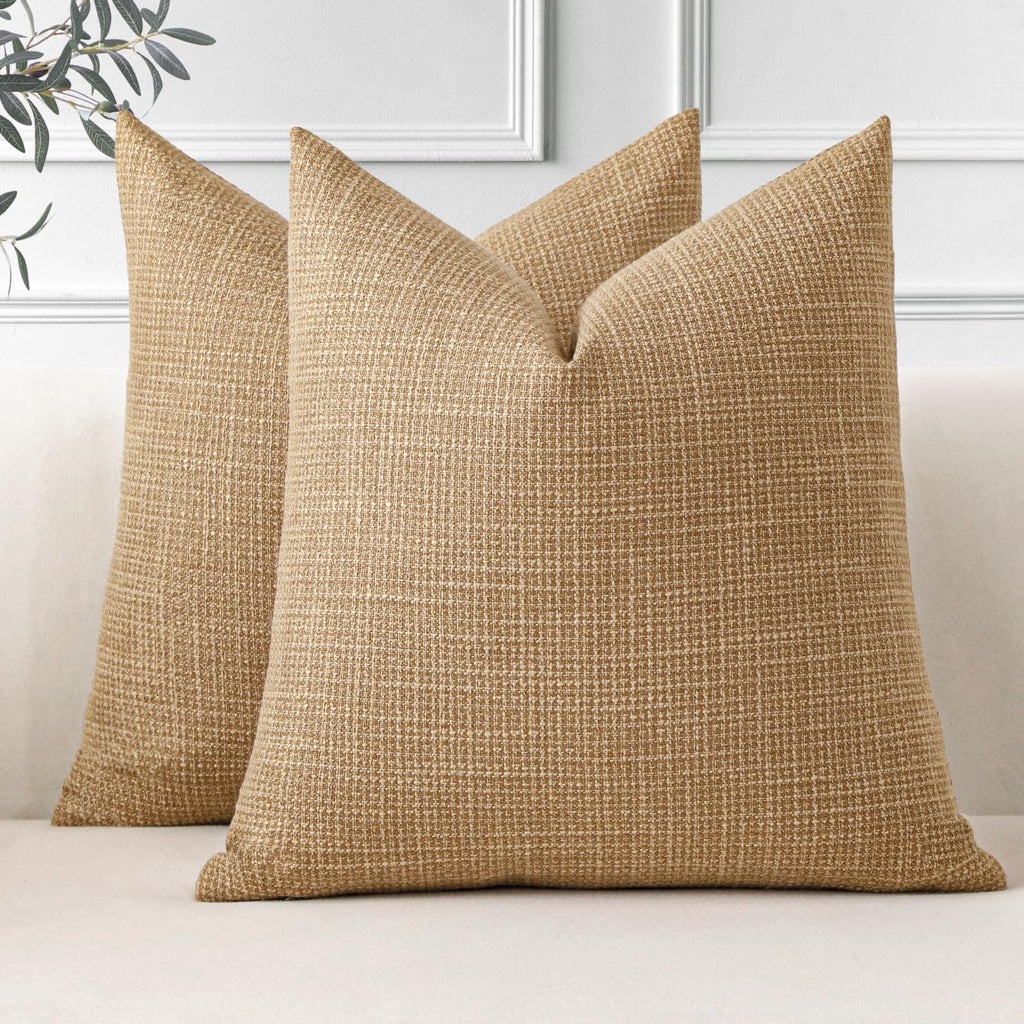 OTOSTAR Pack of 2 Throw Pillow Covers 24x24 Inch Linen Light Brown Pillowcases Farmhouse Decorative Solid Pillow Covers 60x60 cm
