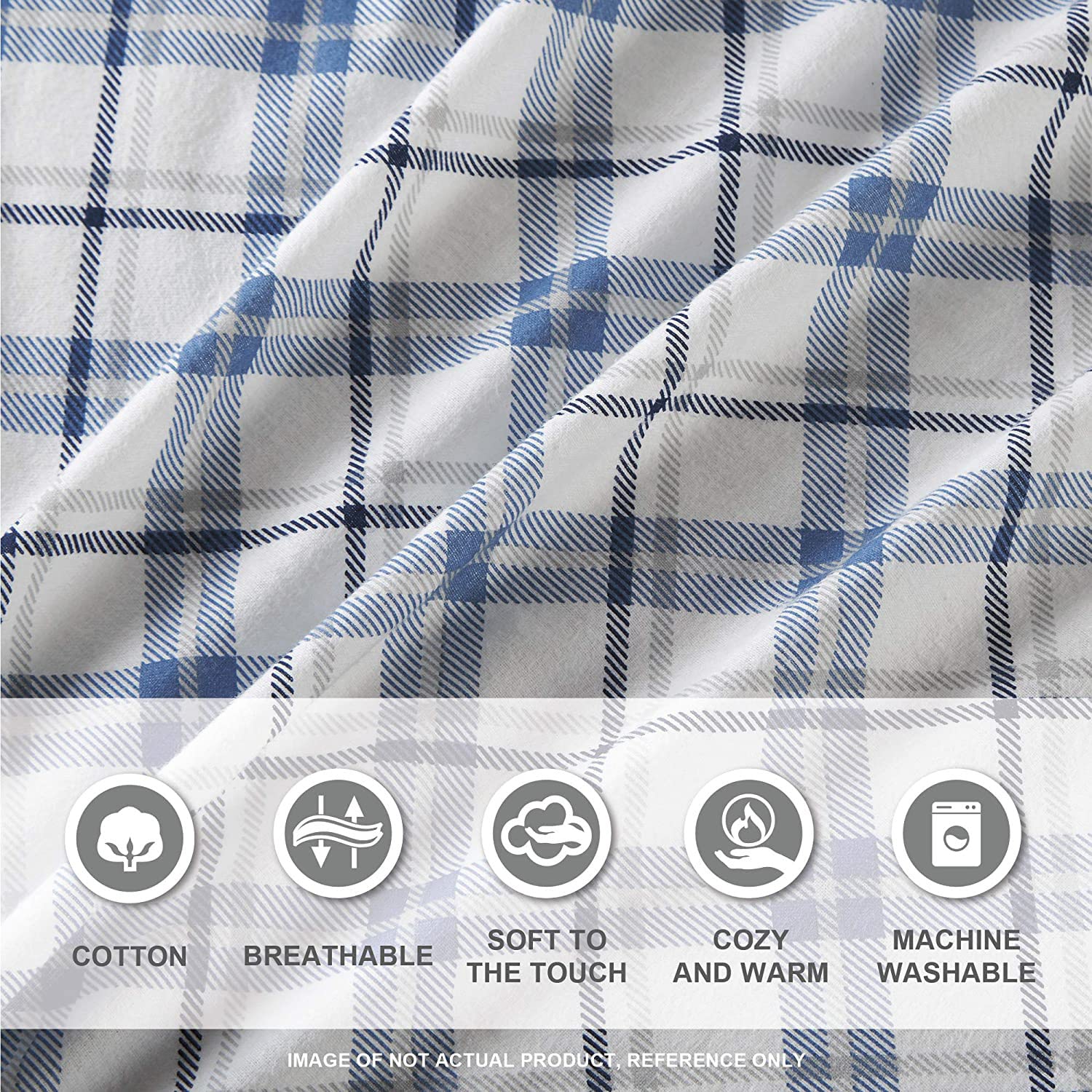 Comfort Spaces Cotton Flannel Breathable Warm Deep Pocket Sheets With Pillow Case Bedding, Cal King, Blue Plaid 4 Piece