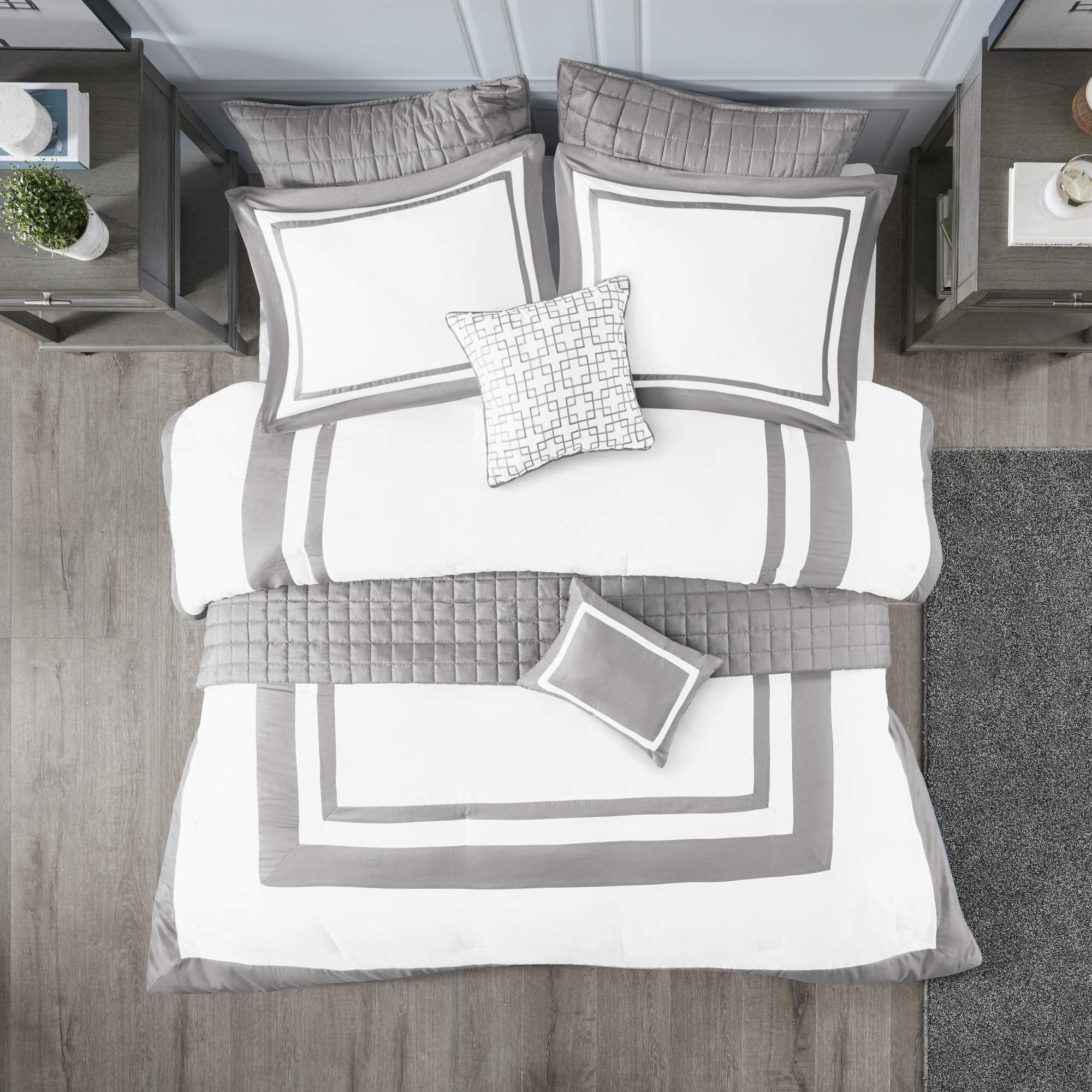 Madison Park Heritage Comforter Quilt Combo Set - Modern Luxury Design, All Season Down Alternative Bedding, Matching Shams, Decorative Pillows, King/Cal King(104'X92'), Color Block Grey 8 Piece