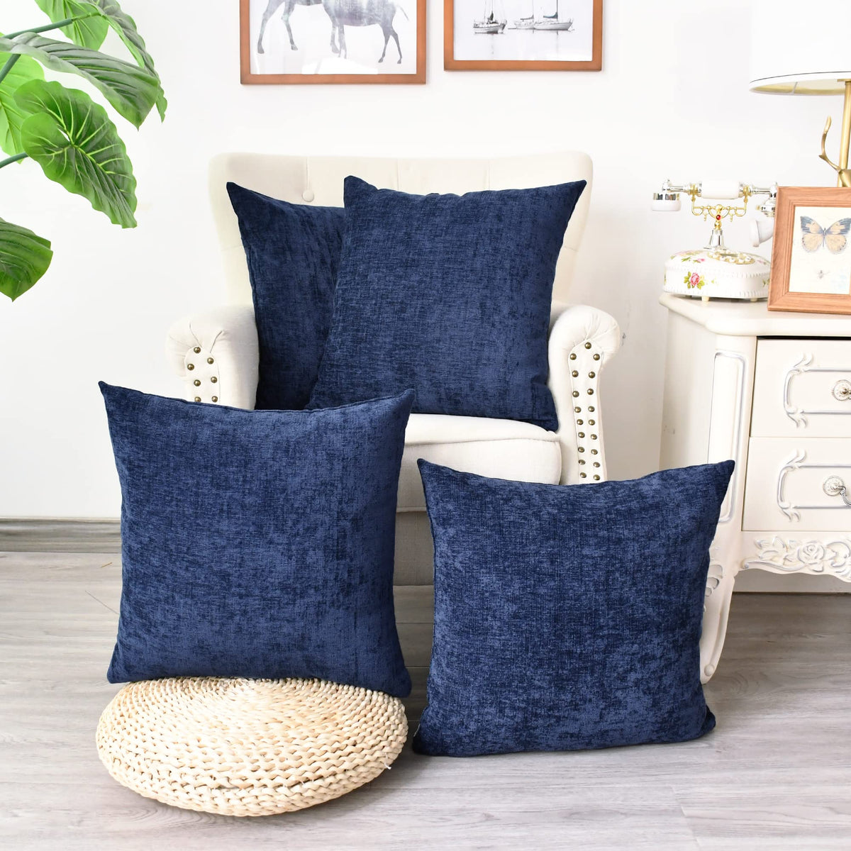 Calitime Pack Of 4 Cozy Throw Pillow Covers Cases For Couch Sofa Home Decoration Solid Dyed Soft Chenille 18 X 18 Inches Navy Bl