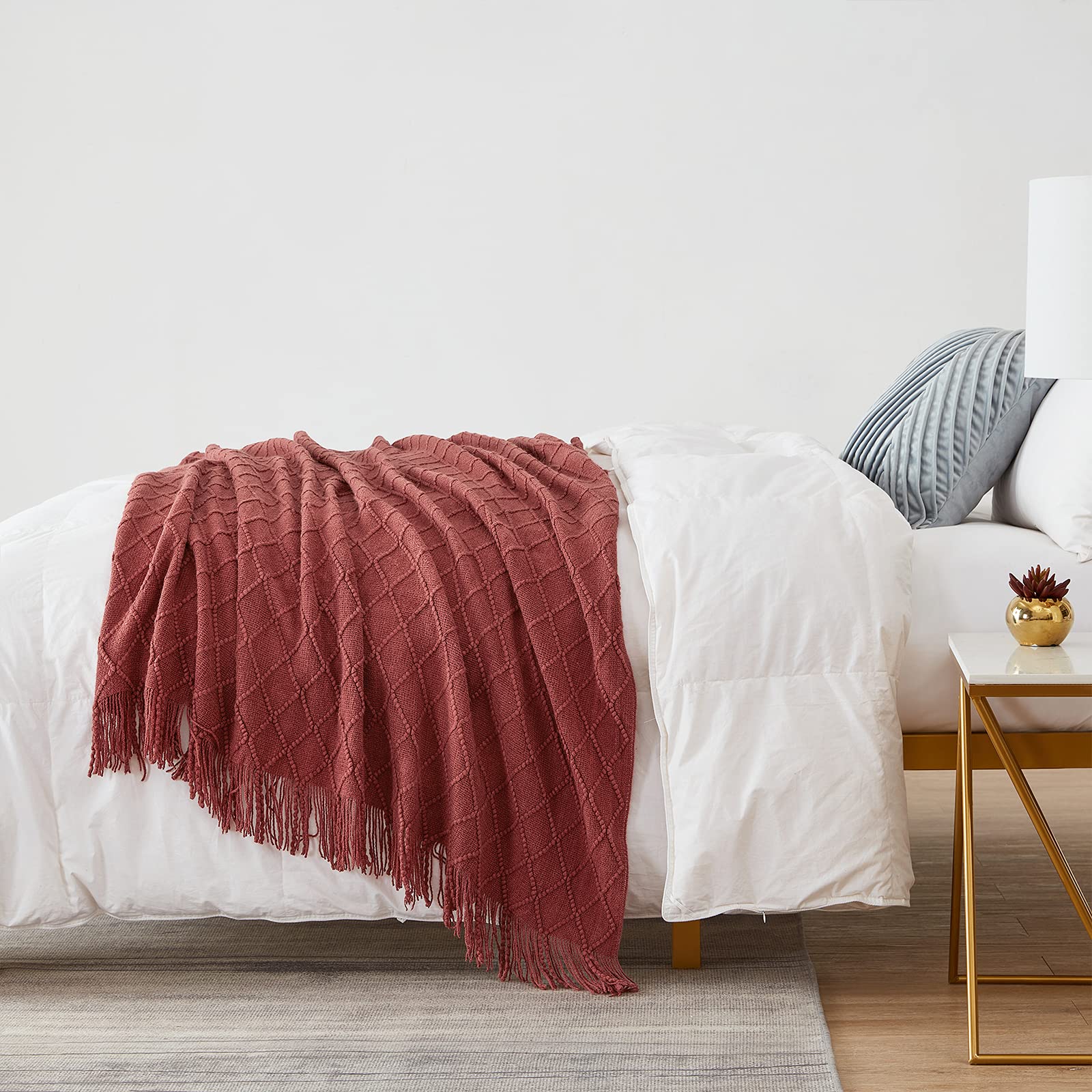 Bourina Throw Blanket Textured Solid Soft Sofa Throw Couch Cover Knitted Decorative Blanket, 50''X60'' Burgundy