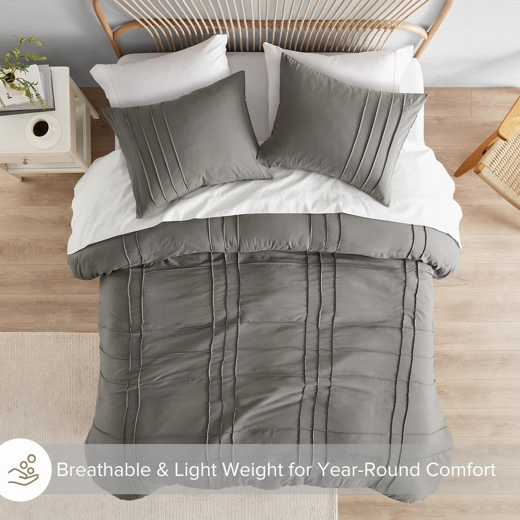 Comfort Spaces Grey Full Size Duvet Cover Set - 3-Pc Pintuck Pleated Duvet Cover Full, All Season Lightweight, Extra Softness Pre-Washed Microfiber Full Bed Cover Shams, Full