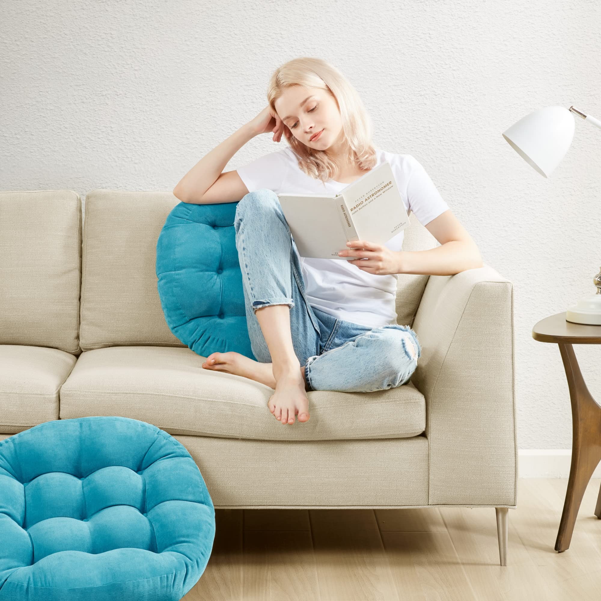 Meditation Floor Pillow Set Of 2, Round Large Pillows Seating For Adults, Tufted Corduroy Thick Cushion For Living Room Tatami, Turquoise, 22 Inch'2 Count (Pack Of 1)