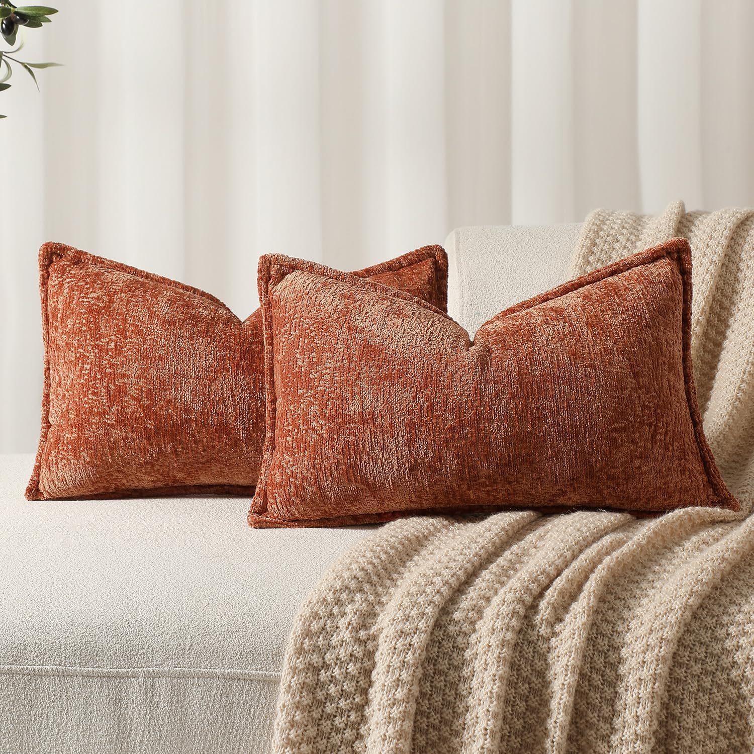 Dezene Pack Of 2 Burnt Orange Fall Decorative Throw Pillow Covers 12X20 Cozy Soft Chenille Accent Vintage Rectangular Lumbar Cou