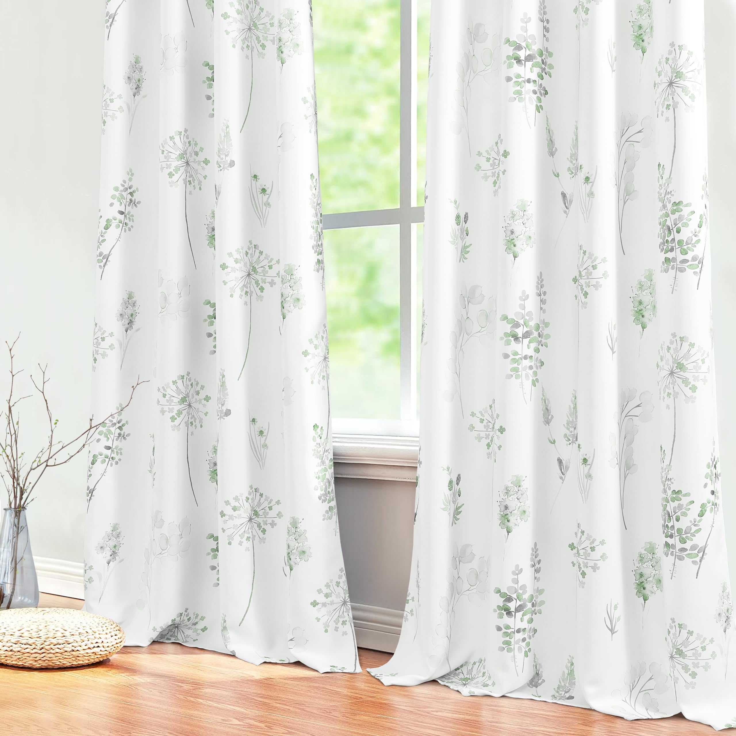 Xtmyi 2 Panels Room Darkening Watercolor Floral Leaves Blackout Flowered Printed Curtains 102 Inch Length Sage Green Window Curt