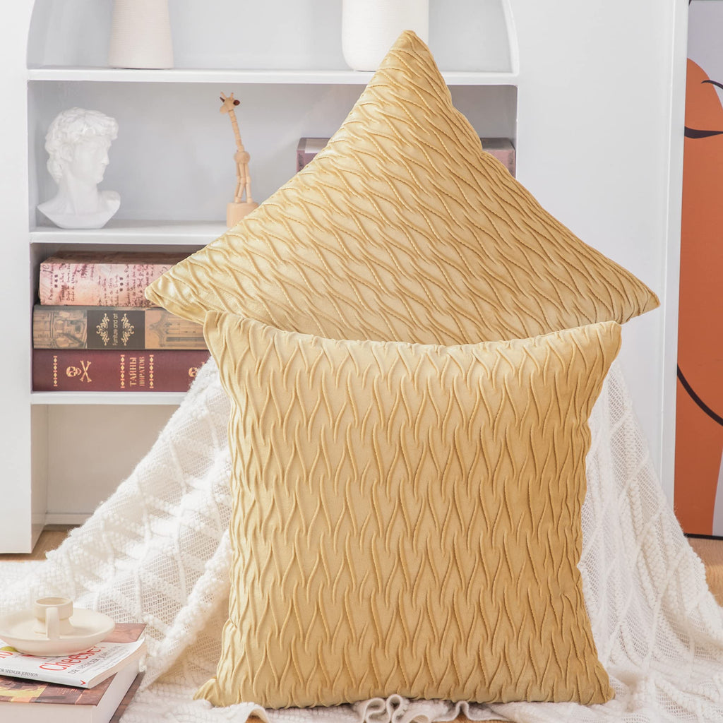 Madizz Set Of 2 Super Soft Velvet Decorative Throw Pillow Covers 22X22 Inch Khaki Square With Texture Luxury Style Cushion Case