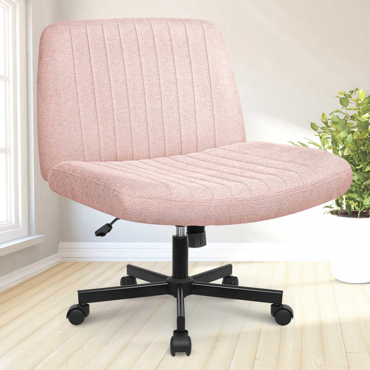 Neo Chair Criss Cross Chair With Wheels Fabric Comfy Cross Legged Computer Desk Chair Armless Swivel Height Adjustable Task Wide Seat For Home Office Bedroom Vanity (Pink)