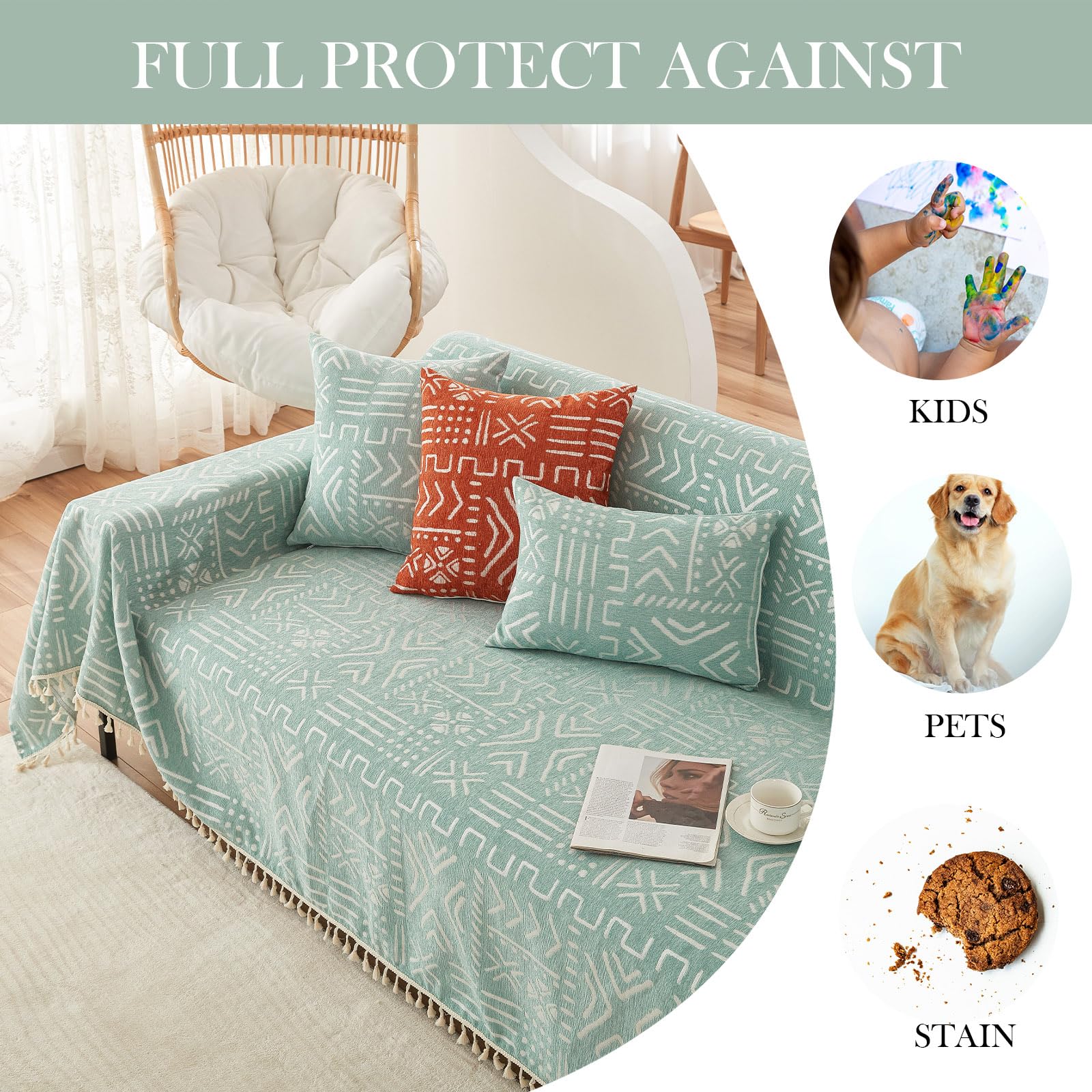 Handontime Farmhouse Sofa Covers Light Green Couch Cover For Dogs Geometric Aztec Couch Covers For Sofa Sectional Couch Covers For 3 Cushion Couch Couch Cushion Covers Boho Decor, 71' X118'