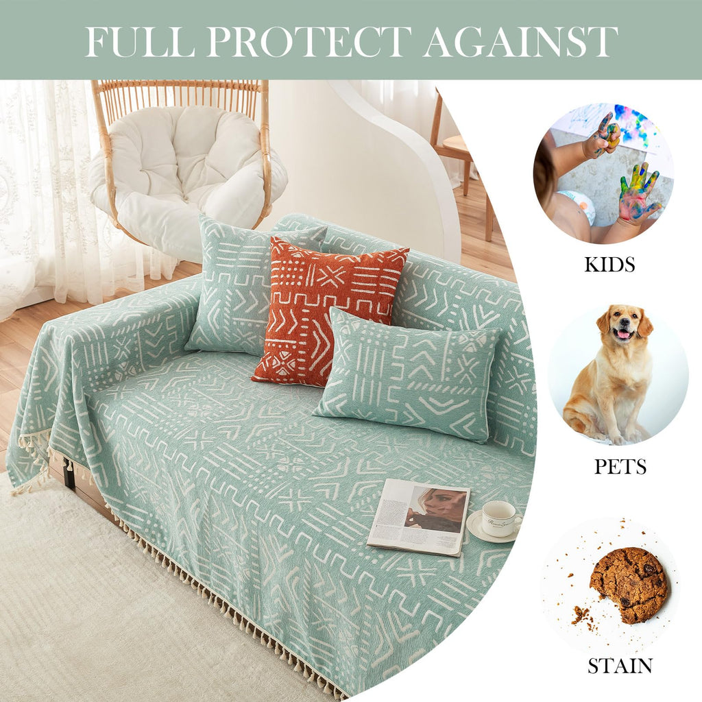 Handontime Farmhouse Couch Cover Tassel Light Green Sofa Covers For Dogs Boho Décor Geometric Aztec Couch Cushion Cover Sofa Protector Cover Sectional Couch Covers For 3 Cushion Couch, 71' X150'