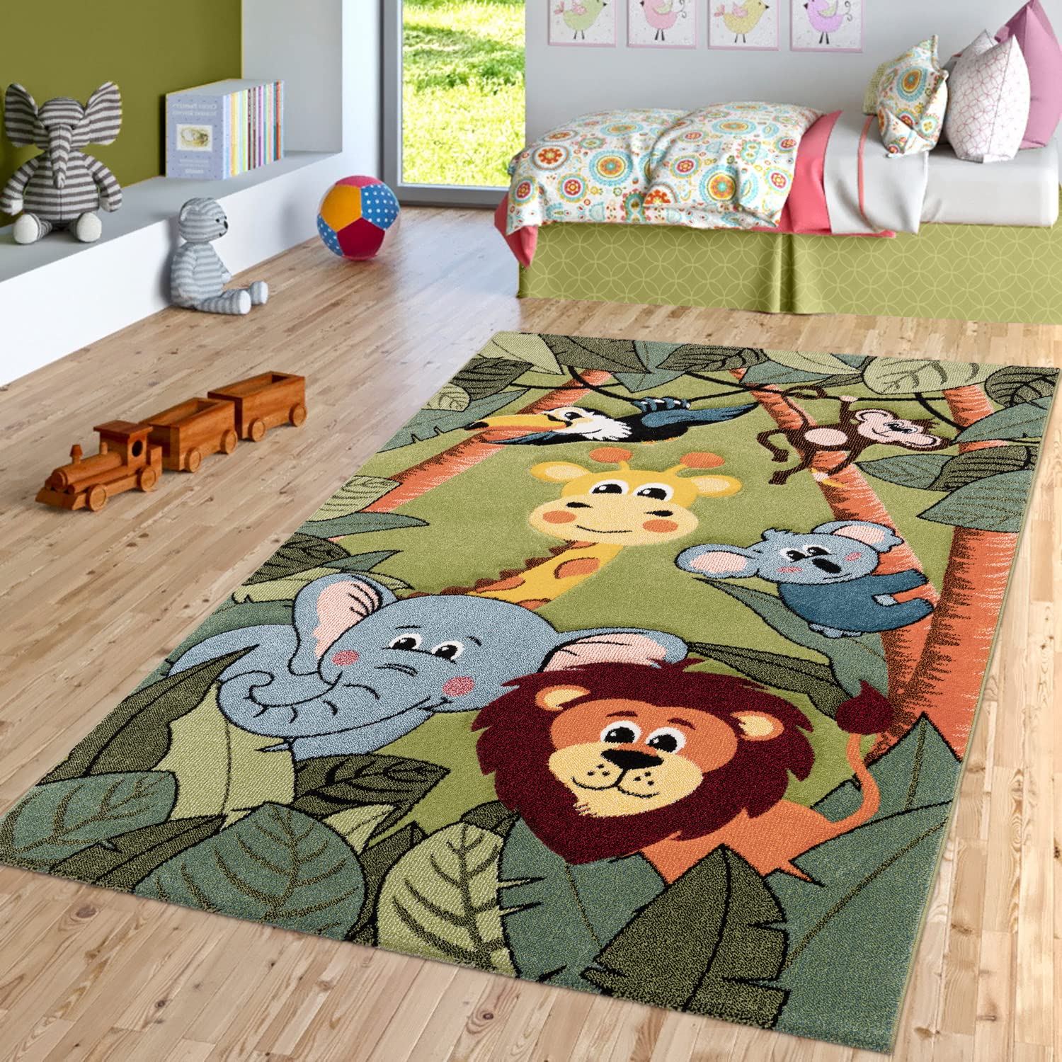 Paco Home Kids Rug For Nursery With Jungle Animals In Green, Size: 6'7' X 9'6'