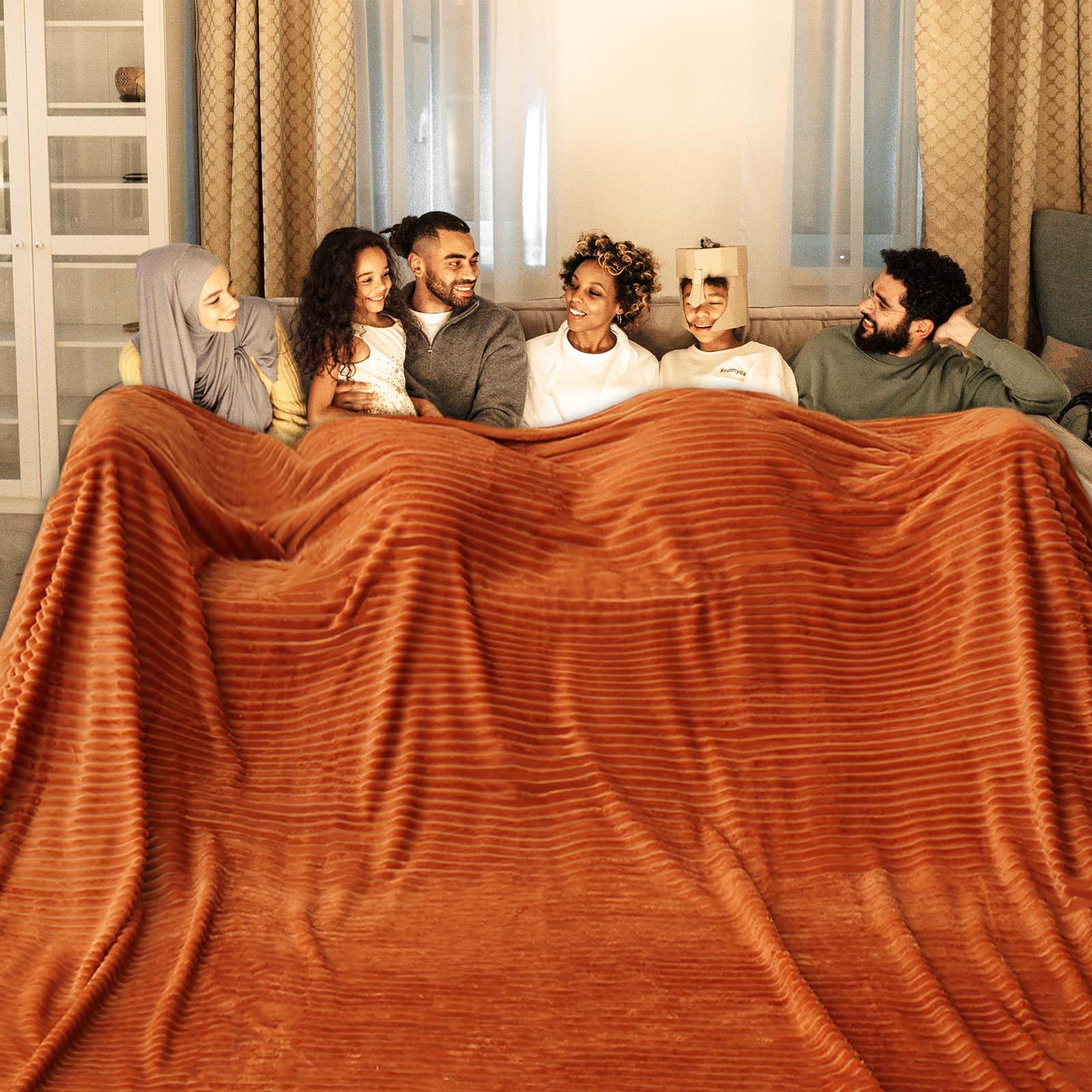 Bnuitland Orange Flannel Throw Blanket (90X108 Inches) With Storage Pouch,300Gsm Super Soft Fleece Stripe Pattern Sofa Blanket F