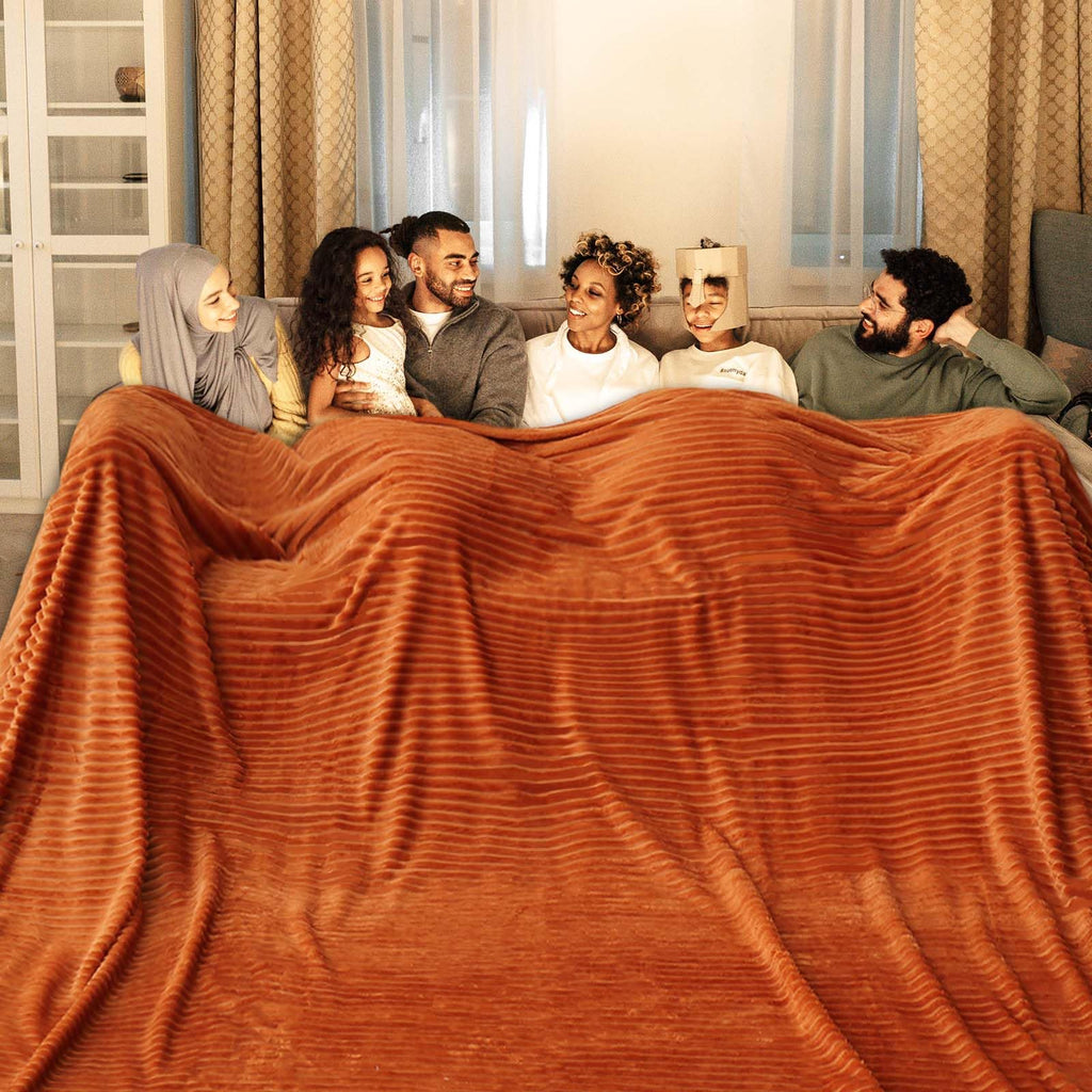 Bnuitland Orange Flannel Throw Blanket (90X108 Inches) With Storage Pouch,300Gsm Super Soft Fleece Stripe Pattern Sofa Blanket F