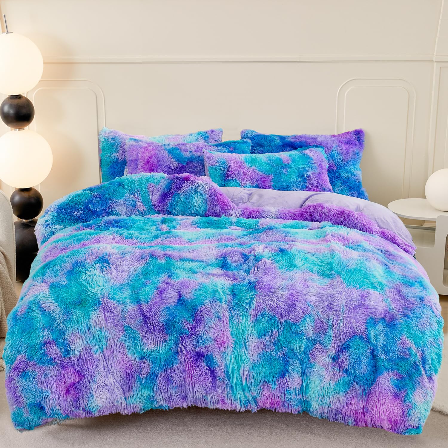 Sucses Faux Fur Queen Size Girls Bedding Set 3Pcs Plush Shaggy Fluffy Duvet Cover Set Tie Dye Ombre Furry Velvet Comforter/Quilt