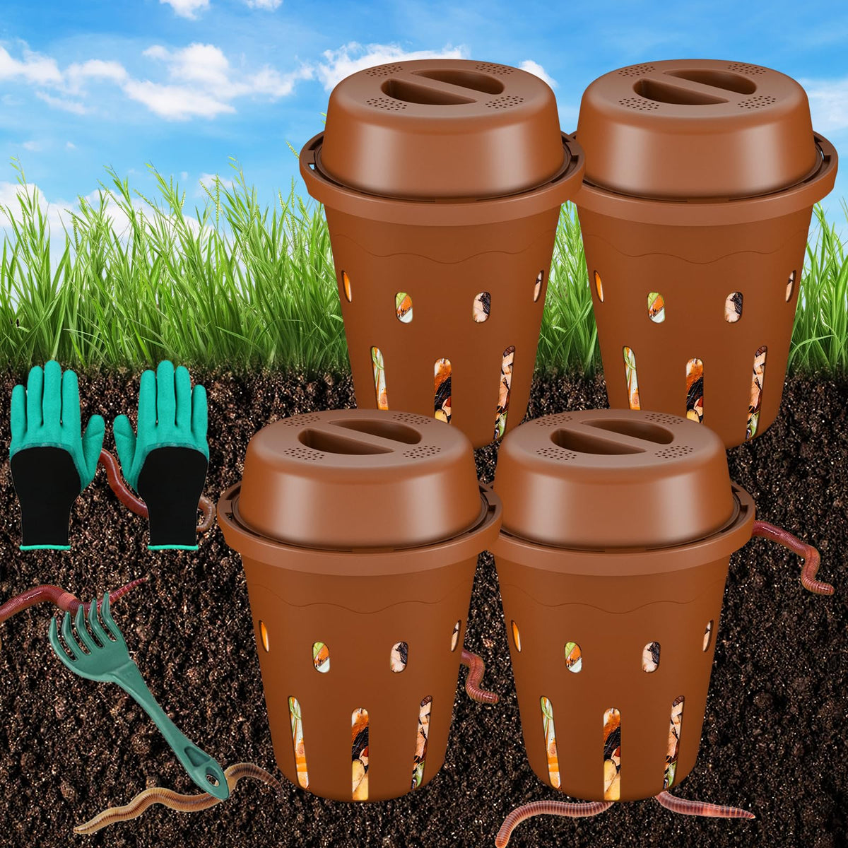 TOP XIAN Inground Worm Composter, Mini Underground Worm Farm for Garden Beds, Outdoor Worm Compost Bin for Food Waste, Vermicomp