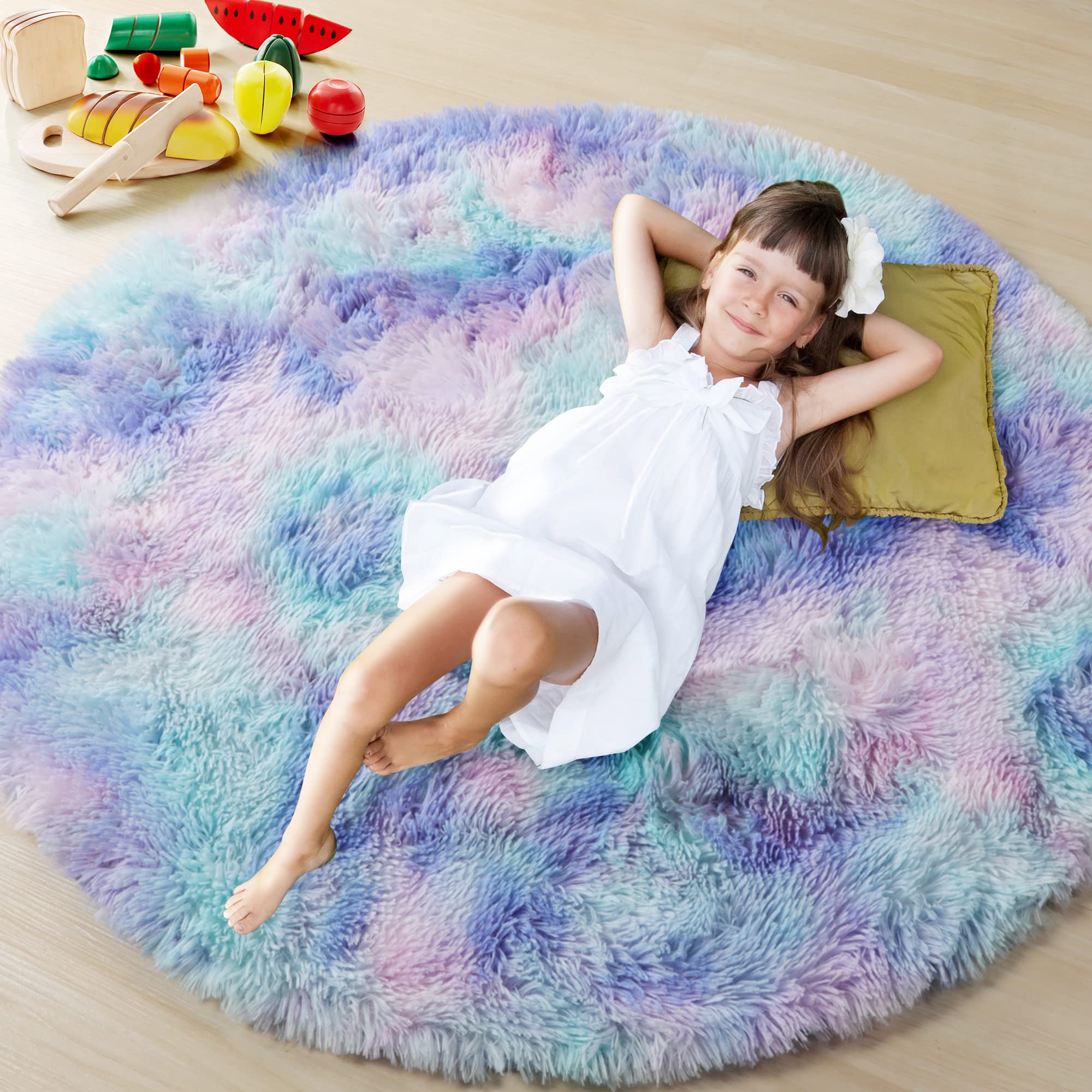 ONASAR Rainbow Round Area Rug 4x4, Soft Bedroom Circle Rugs Mats for Kids Girls Teen Room, Mermaid Fluffy Plush Shaggy Carpet fo