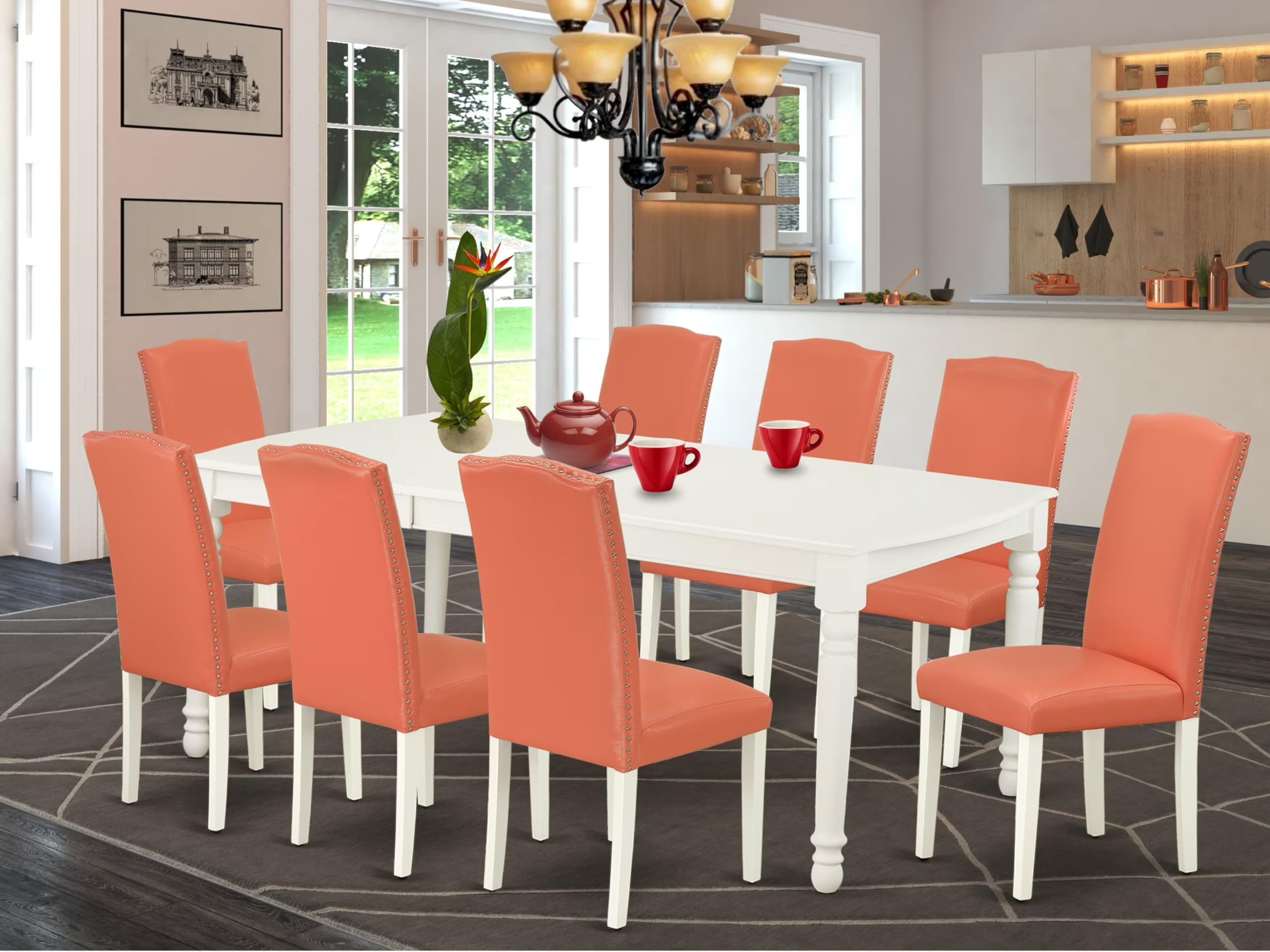 East West Furniture Doen9-Lwh-78 9 Piece Dining Set Includes A Rectangle Dining Room Table With Butterfly Leaf And 8 Pink Flamingo Faux Leather Upholstered Chairs, 42X78 Inch, Linen White