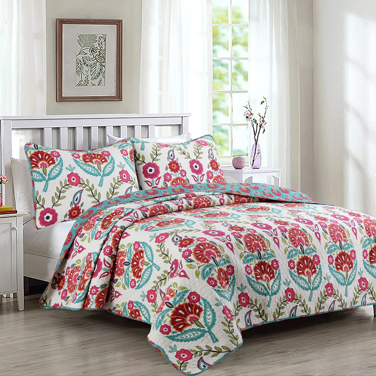 Cozy Line Home Fashions Pink Red Floral 100% Cotton Reversible Quilt Bedding Set, Coverlet Bedspread (Fuchsia Flowers, King - 3