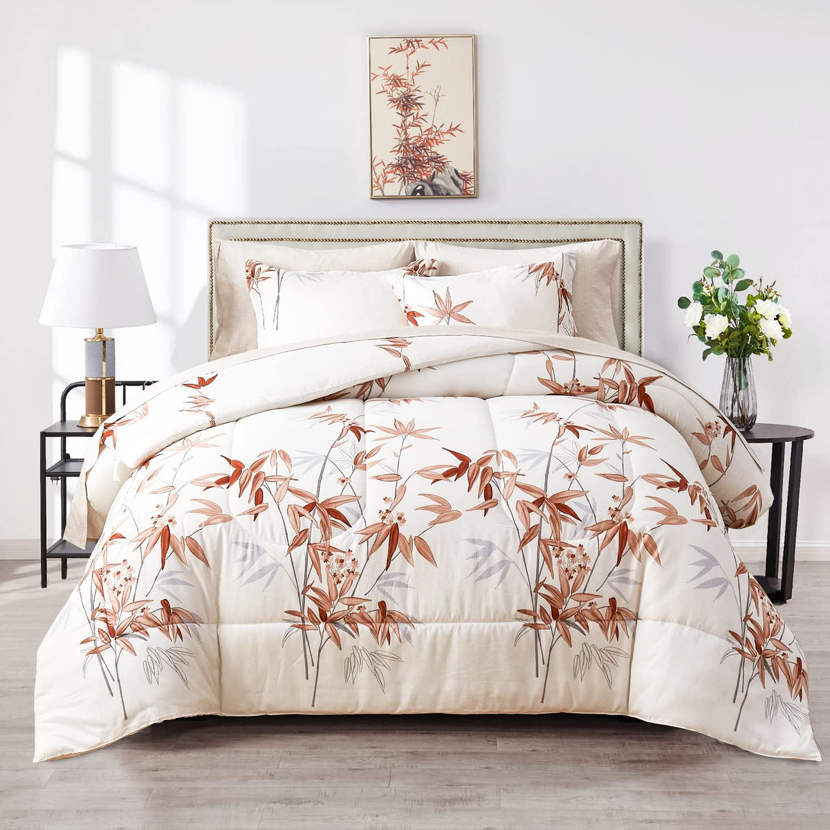 6 Piece Botanical Bed In A Bag Twin Size, Burnt Orange Leaves On White, Soft Microfiber Reversible Bed Comforter Set For Kids (1