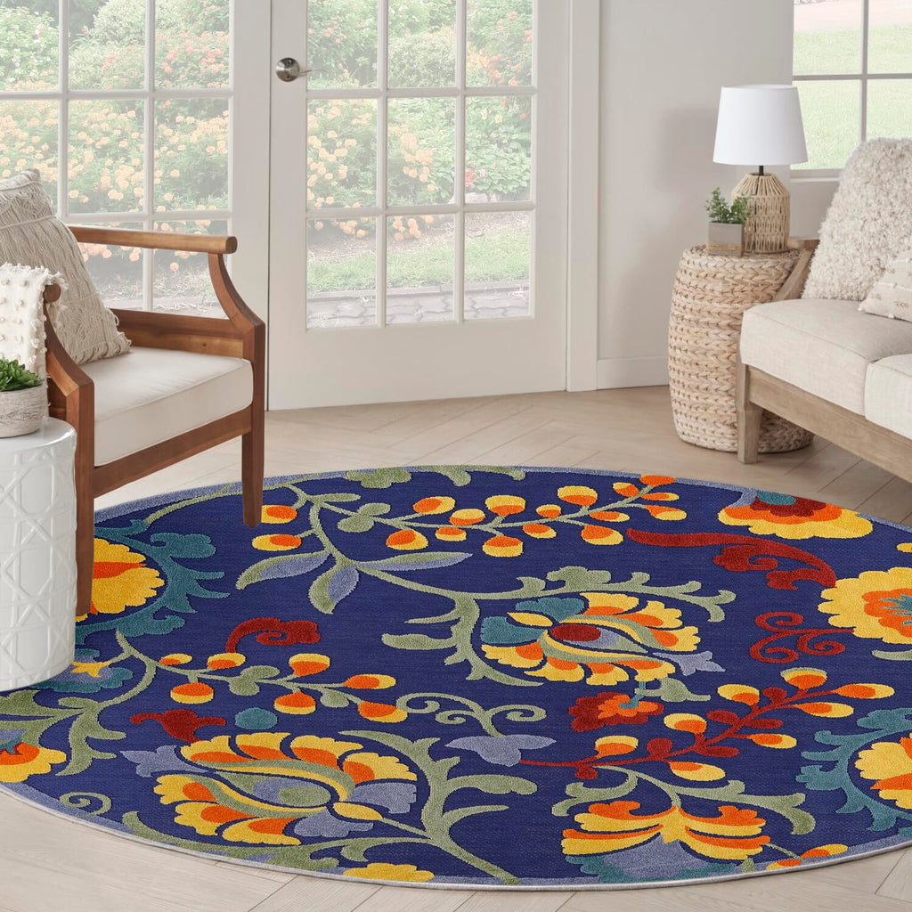 Nourison Aloha Indoor-Outdoor Navy Multicolor 7’10” X Round Area Rug, Easy Cleaning, Non Shedding, Bed Room, Living Room, Dining Room, Backyard, Deck, Patio (8 Round)