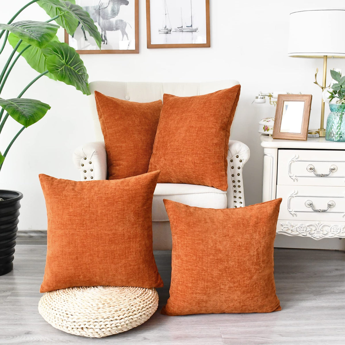 Calitime Fall Pack Of 4 Cozy Throw Pillow Covers Cases For Couch Sofa Home Decoration Solid Dyed Soft Chenille 18 X 18 Inches Bu