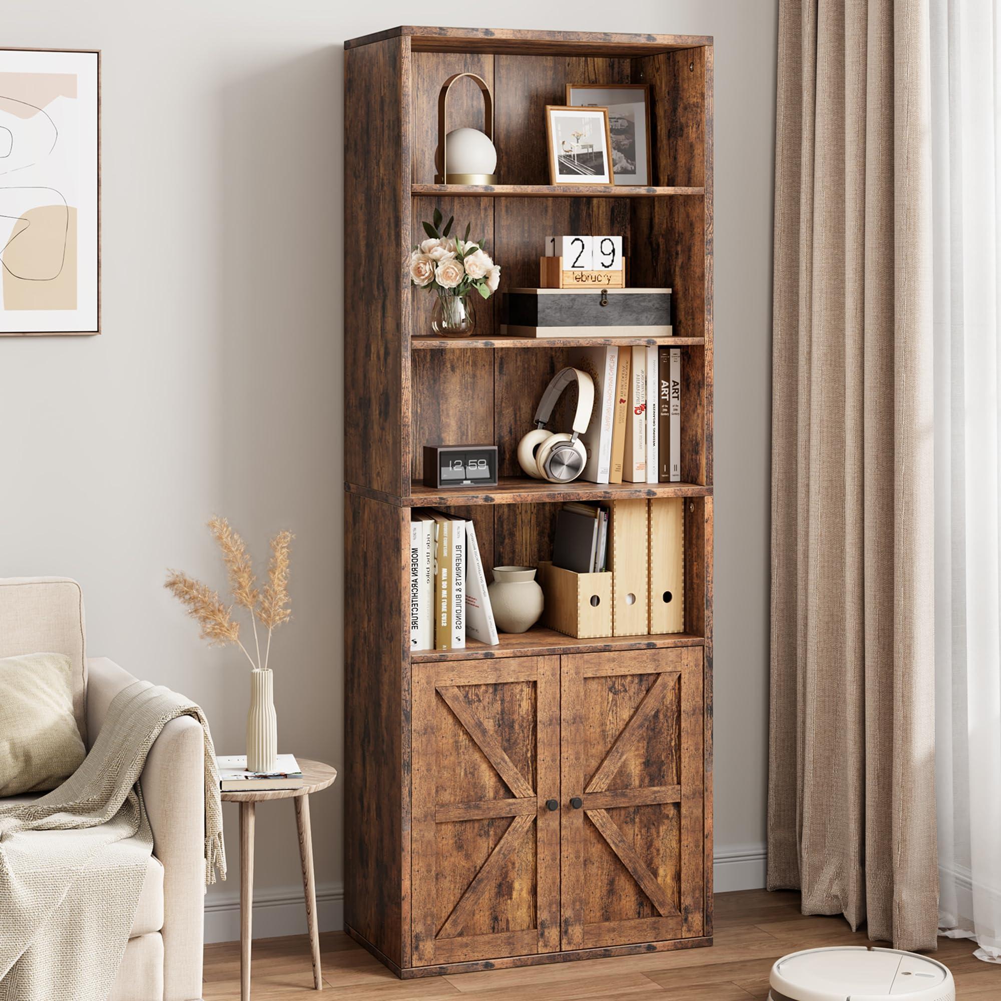IDEALHOUSE Bookcase with Doors Industrial Bookshelf 11.8in Depth Display Storage Shelves 71.4in Tall Farmhouse Bookcases Wooden 