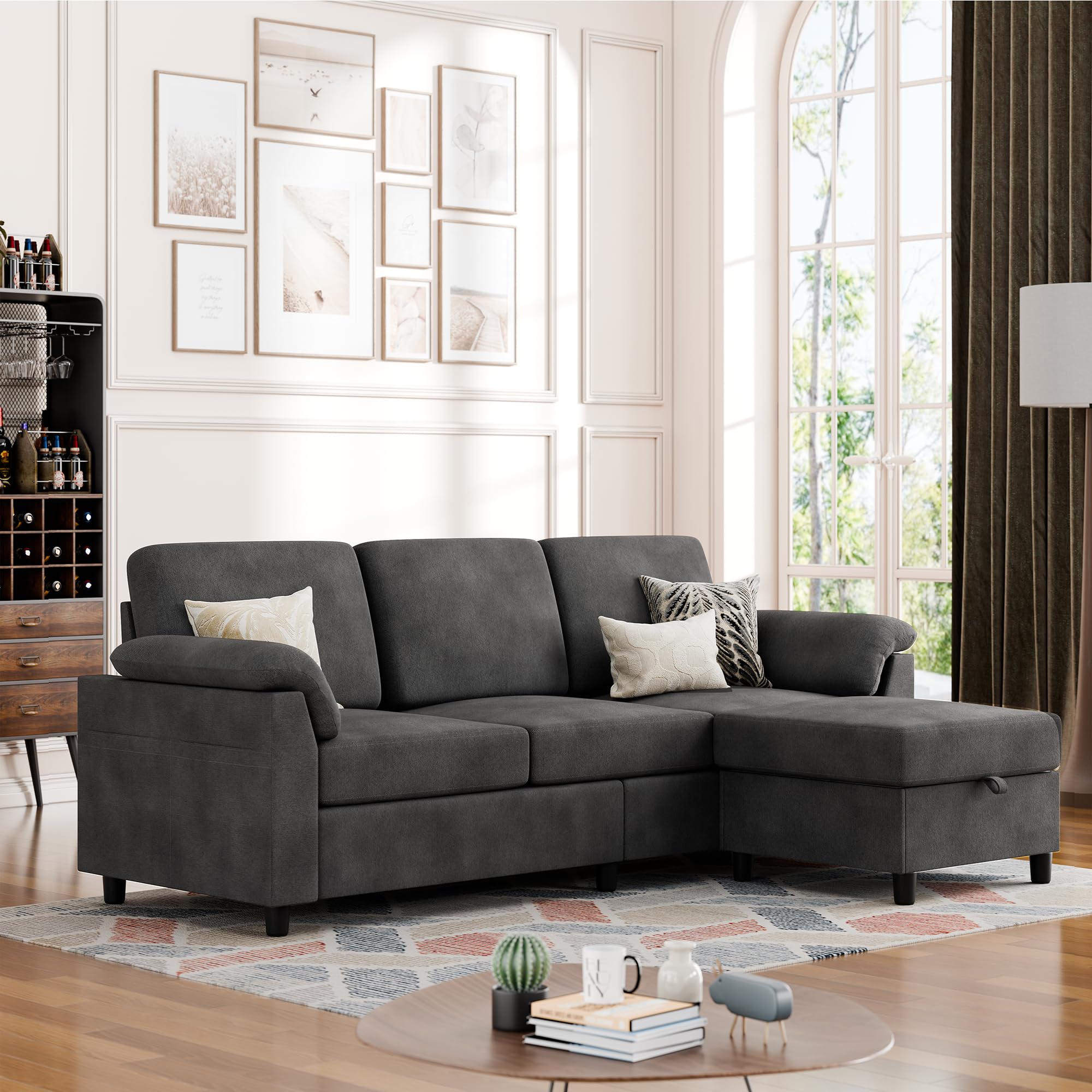 Vongrasig Convertible Sectional Couch, 3 Seat L Shaped Couch Sofa with Removable Pillows Linen Fabric Small Couch Mid Century fo