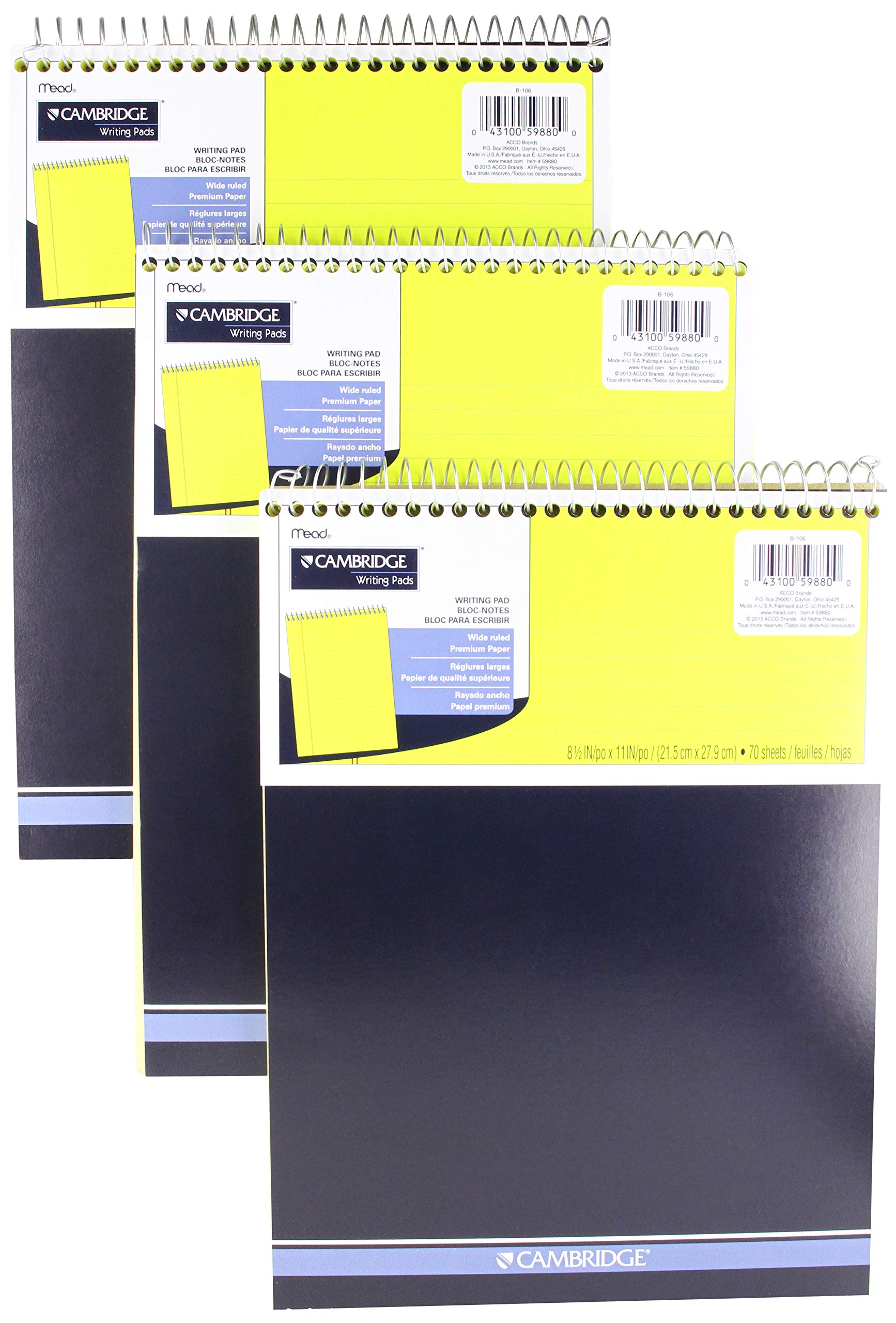 Mead Legal Pad, Top Spiral Bound, Wide Ruled Paper, 70 Sheets Count, 8-1/2' X 11', (3 Pack)