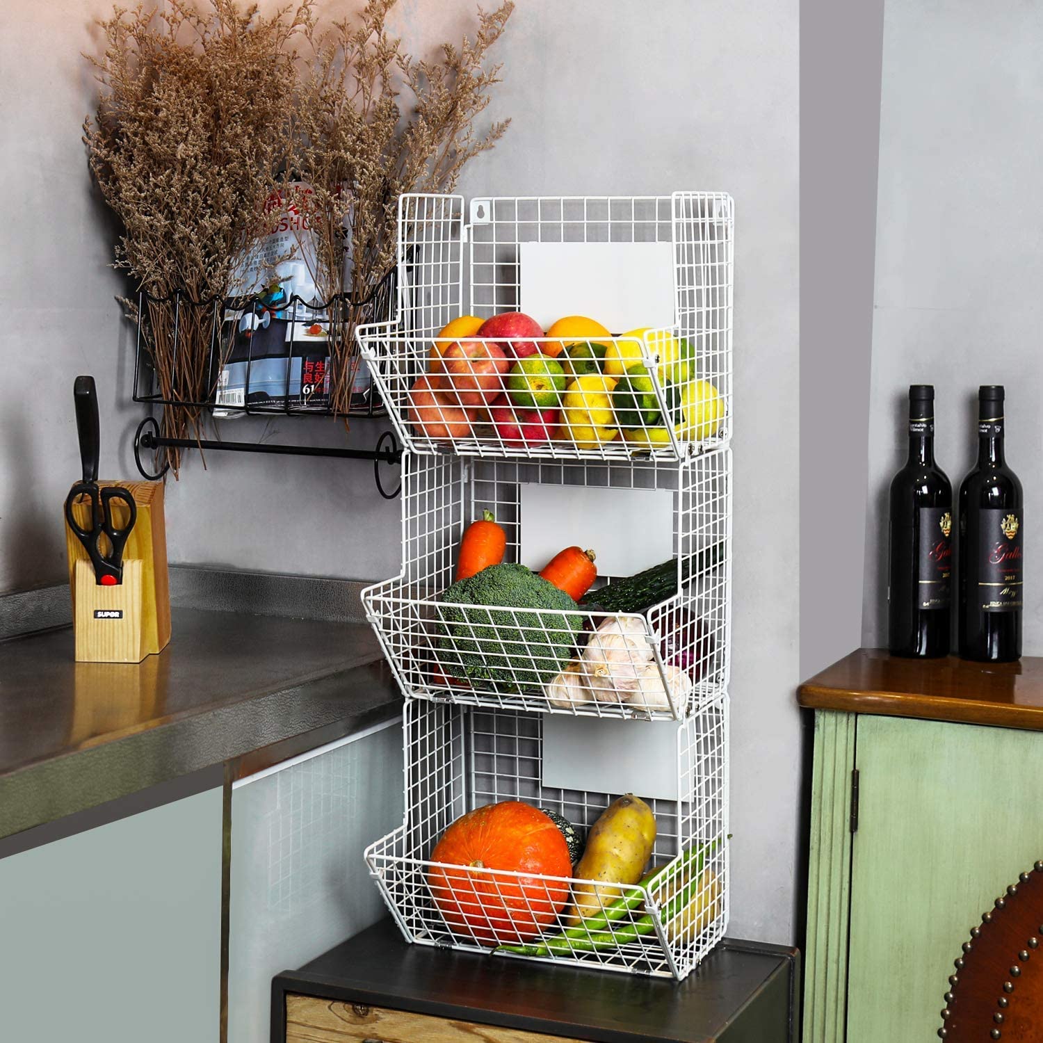 Indian Decor . 29090 Rectangular Rustic Black Metal Wire 3 Tier Wall Mounted Kitchen Fruit Produce Bin Rack/Bathroom Towel Baske